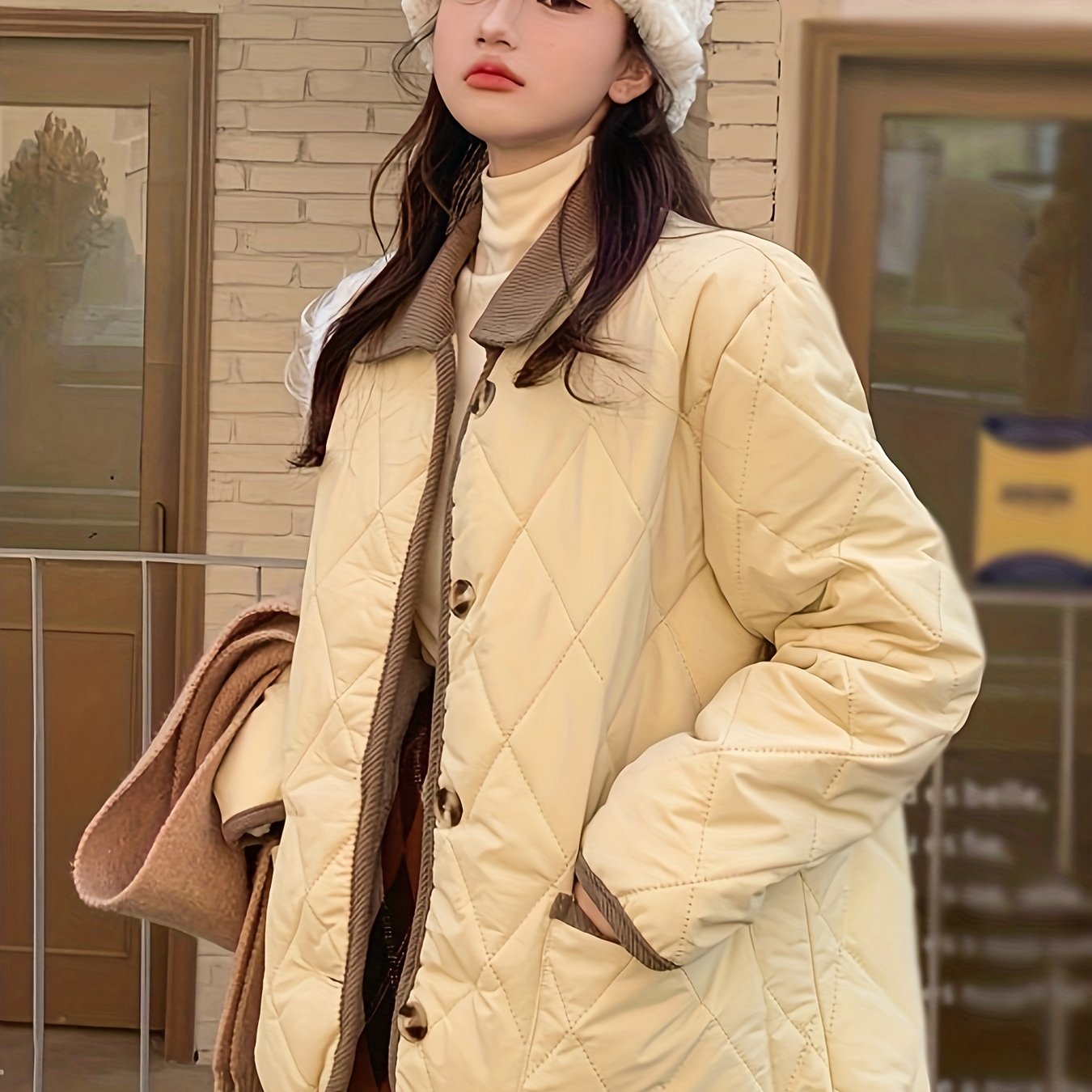 Sixsr Contrast Trim Button Front Jacket, Casual Long Sleeve Outerwear With Pockets, Women's Clothing