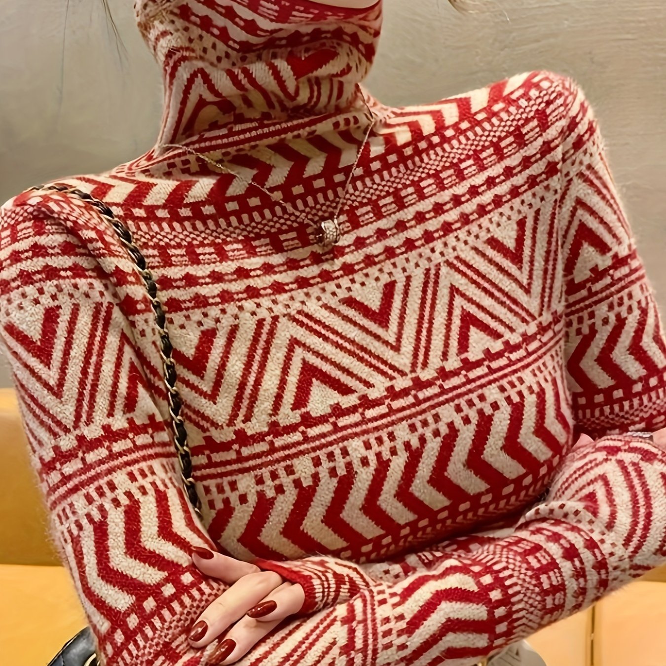 Sixsr Geo Pattern Turtle Neck Pullover Sweater, Elegant Long Sleeve Fashion Slim Sweater, Women's Clothing