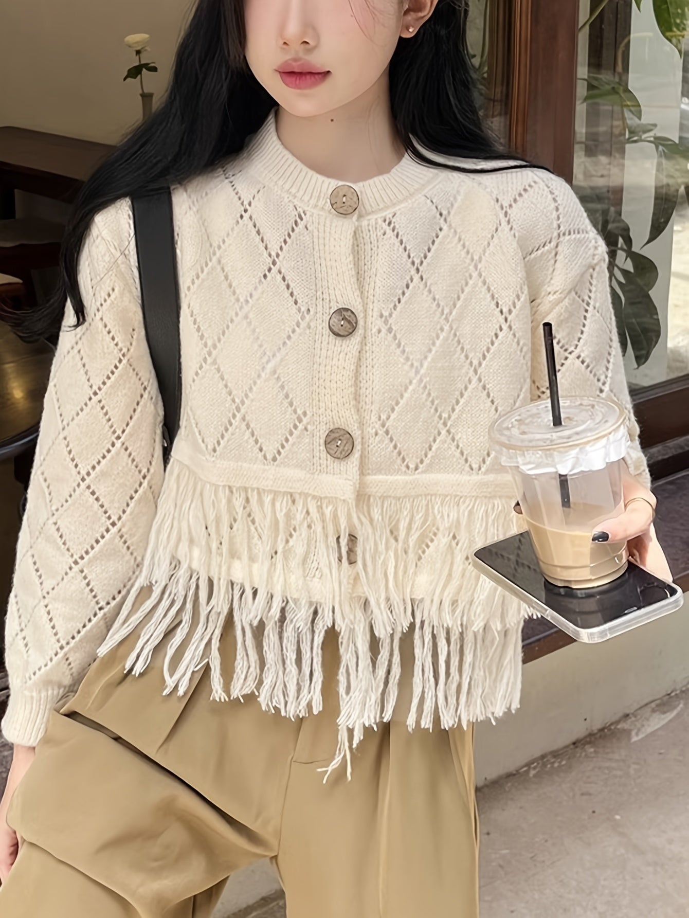 Sixsr Tassel Hem Pointelle Knit Cardigan, Preppy Long Sleeve Cardigan For Fall & Winter, Women's Clothing