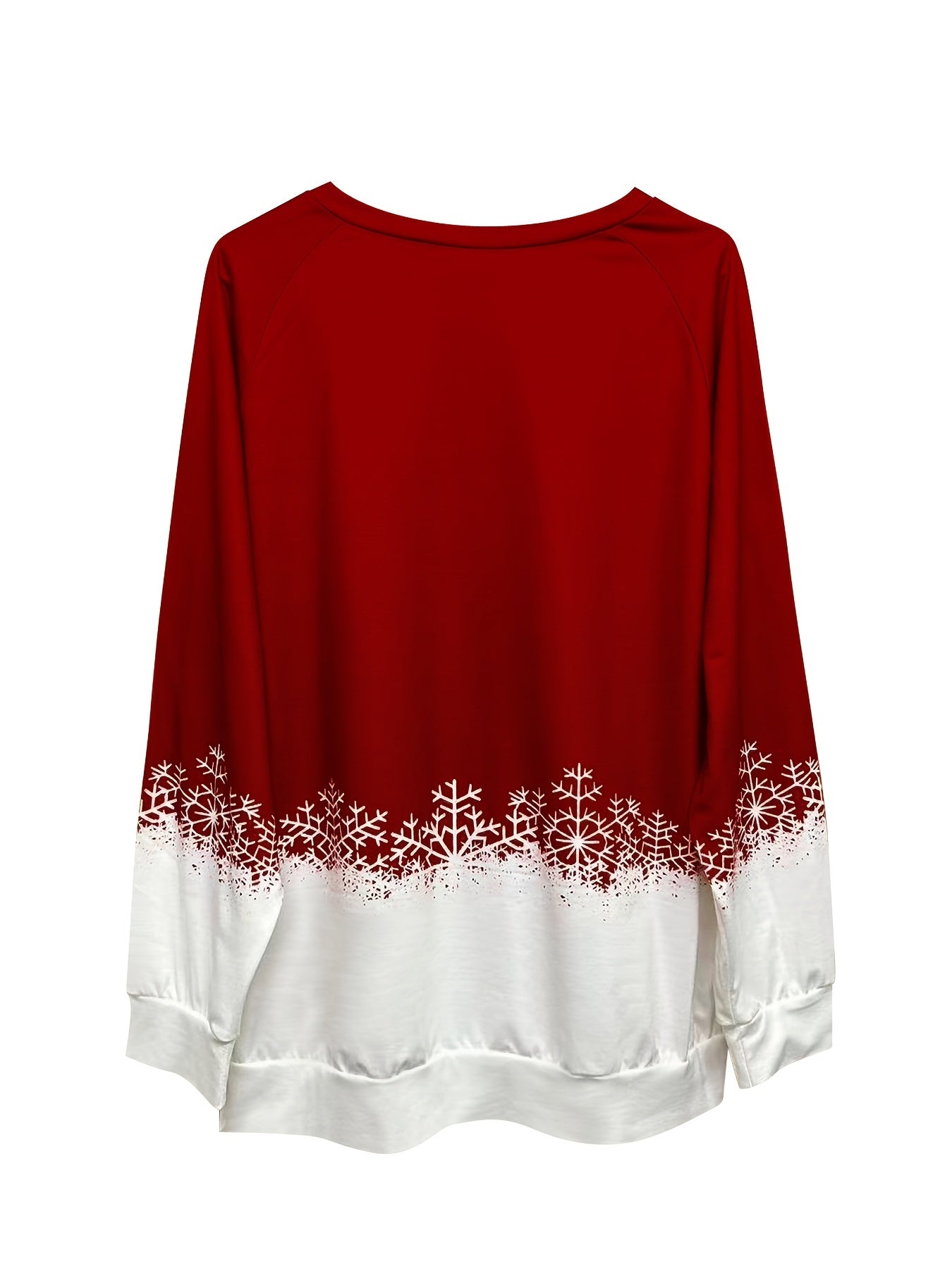Sixsr Plus Size Christmas Casual Sweatshirt, Women's Plus Snowflake & Antler Print Long Sleeve Round Neck Medium Stretch Pullover Top