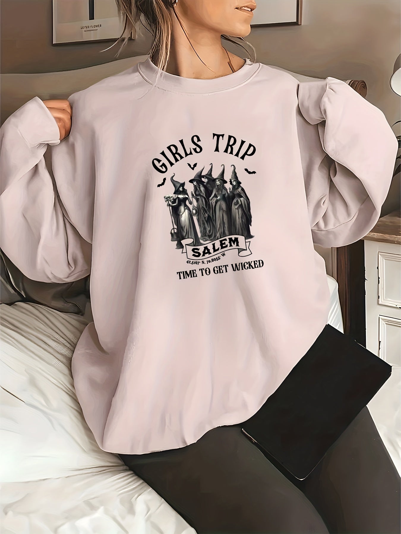 Sixsr Plus Size Halloween Sweatshirt, Women's Plus Cartoon Witch & Slogan Print Long Sleeve Crew Neck Slight Stretch Pullover Sweatshirt, Casual Tops For Fall & Winter, Plus Size Women's Clothing