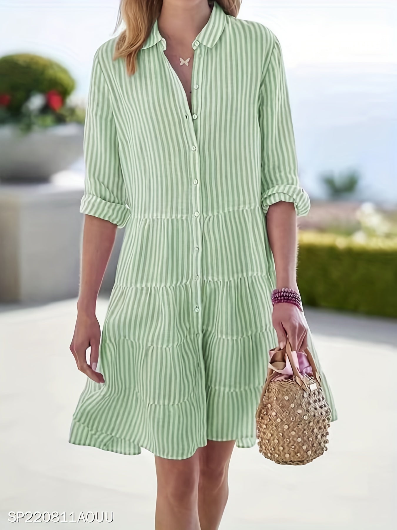 Sixsr Striped Ruffle Layered Hem Shirt Dress, Casual Button Long Sleeve Tiered Dress, Women's Clothing