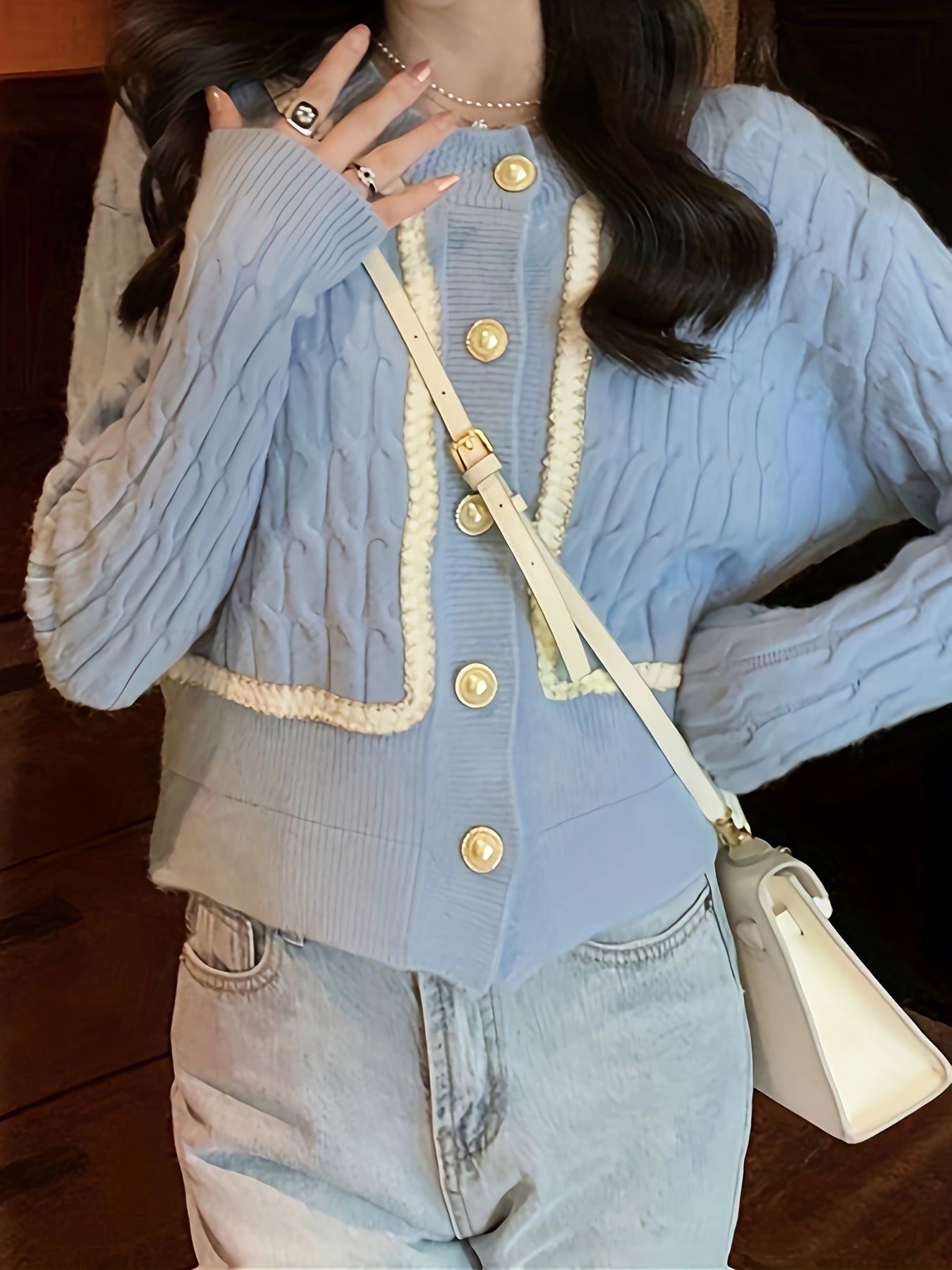 Sixsr Cable Knit Button Up Cardigan, Casual Long Sleeve Crew Neck Sweet Sweater, Women's Clothing