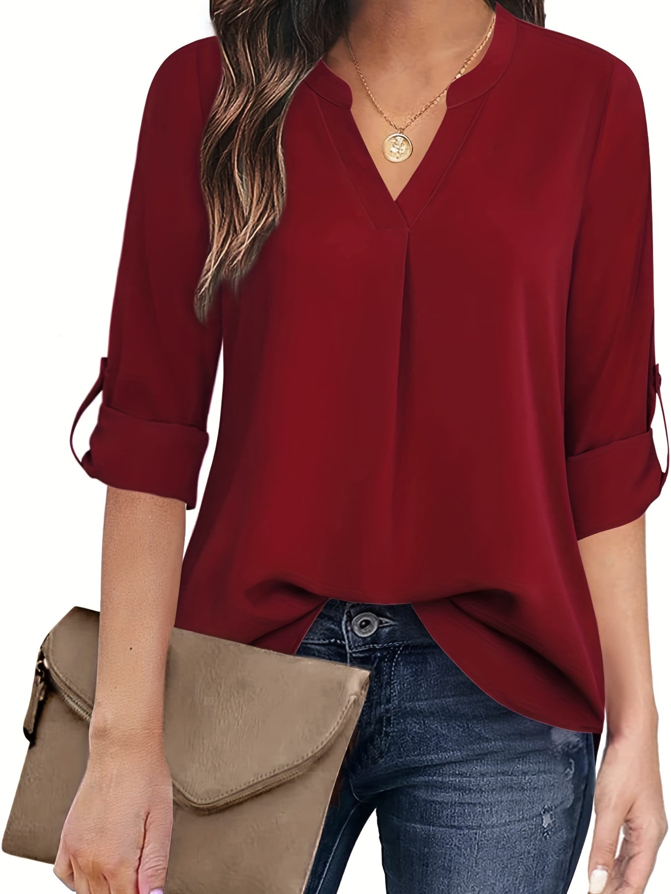 Sixsr Solid Simple Blouse, Casual V Neck Long Sleeve Blouse, Women's Clothing