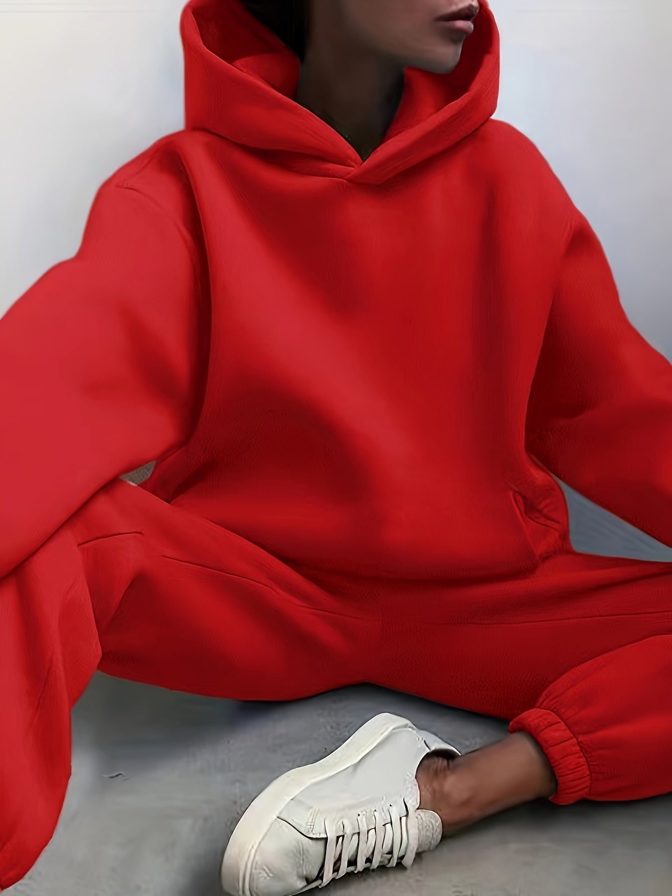 Sixsr Casual Solid Two-piece Set, Drop Shoulder Long Sleeve Hoodies & Elastic Waist Jogger Pants Outfits, Women's Clothing