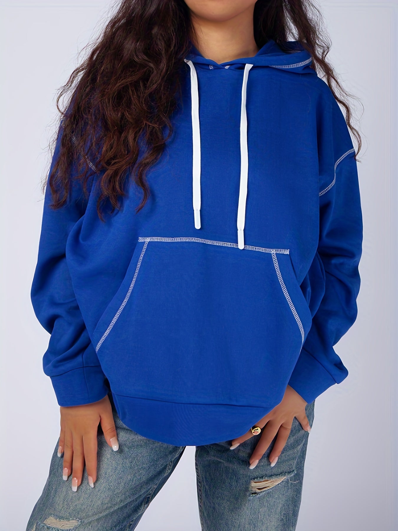 Sixsr Plus Size Casual Sweatshirt, Women's Plus Solid Pipping Long Sleeve Drawstring Hoodie