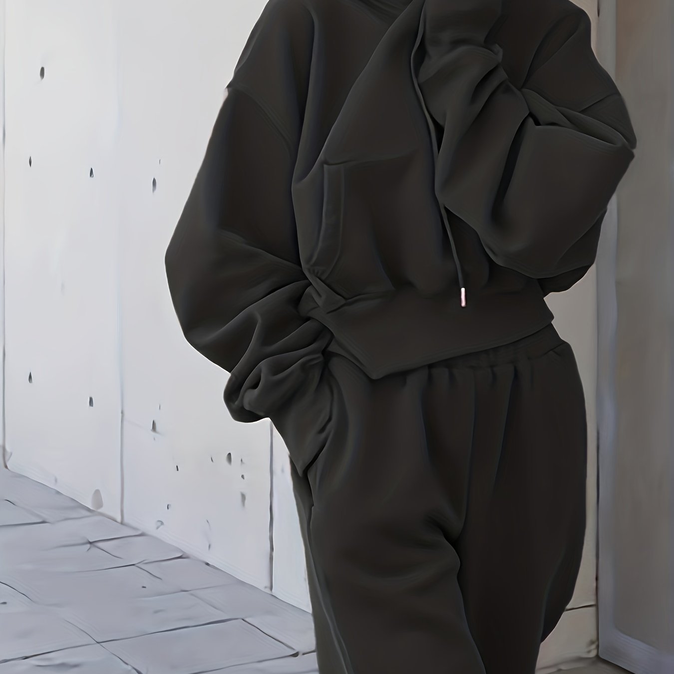 Sixsr 2pcs Athleisure Set, Oversized Solid Hooded Pocket Drawstring Sweatshirts & Sweatpants Sets, Women's Clothing
