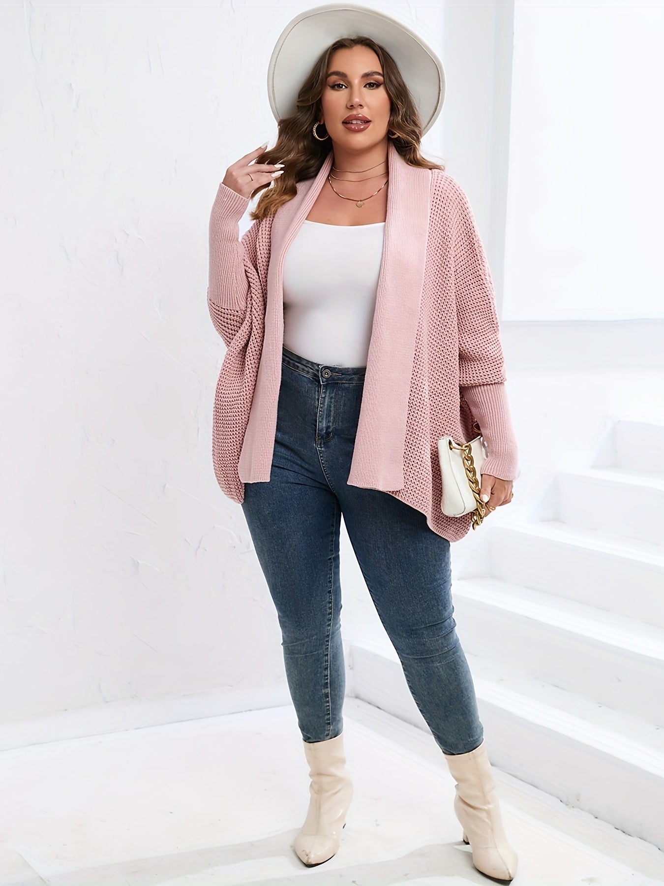 Sixsr Plus Size Lanter Sleeve Hollow Out Cardigan, Women's Plus Casual Slight Stretch Solid Sweater Cardigan