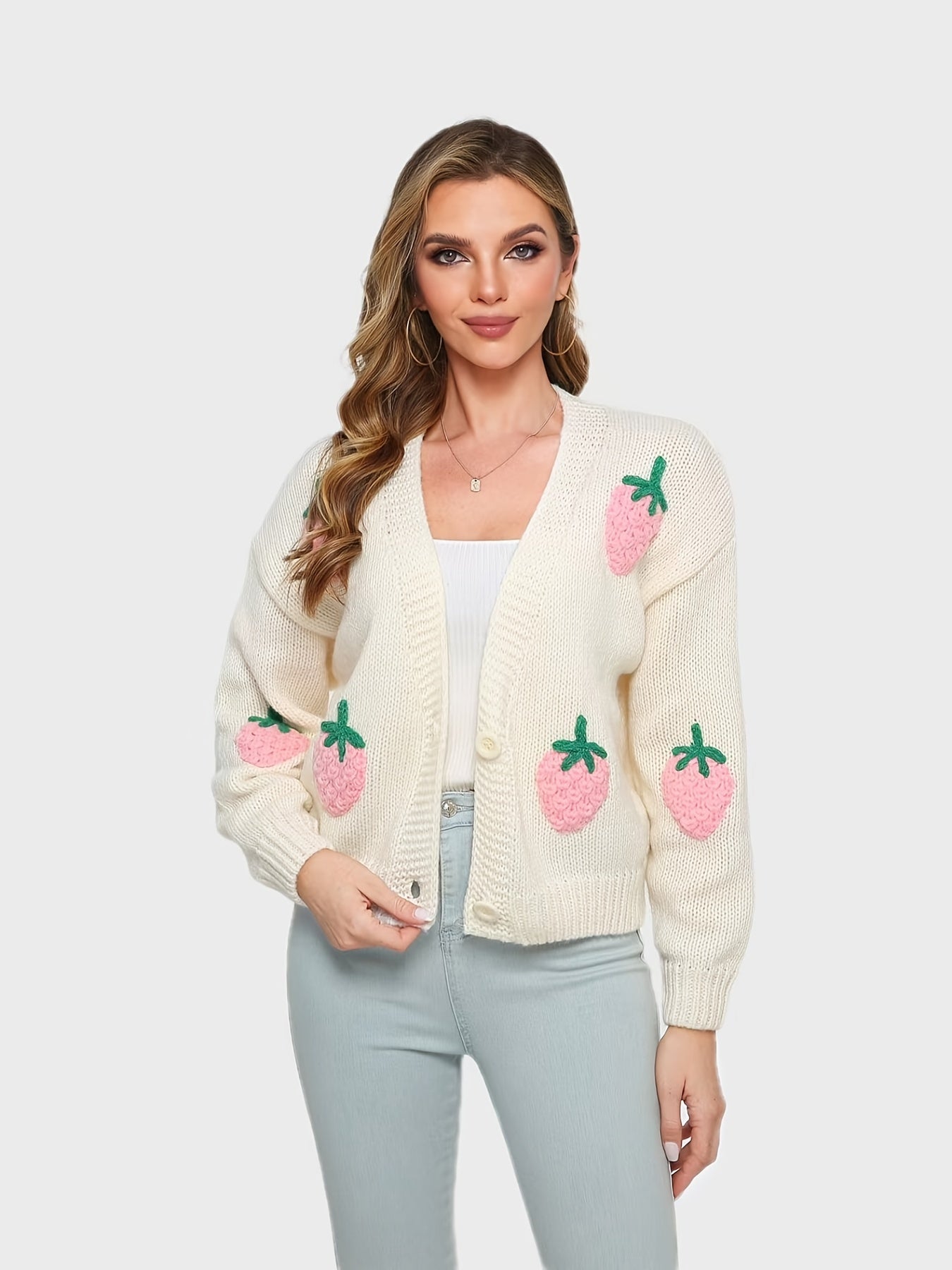 Sixsr Women's Sweater Women's Strawberry Pattern Button Through Cardigan