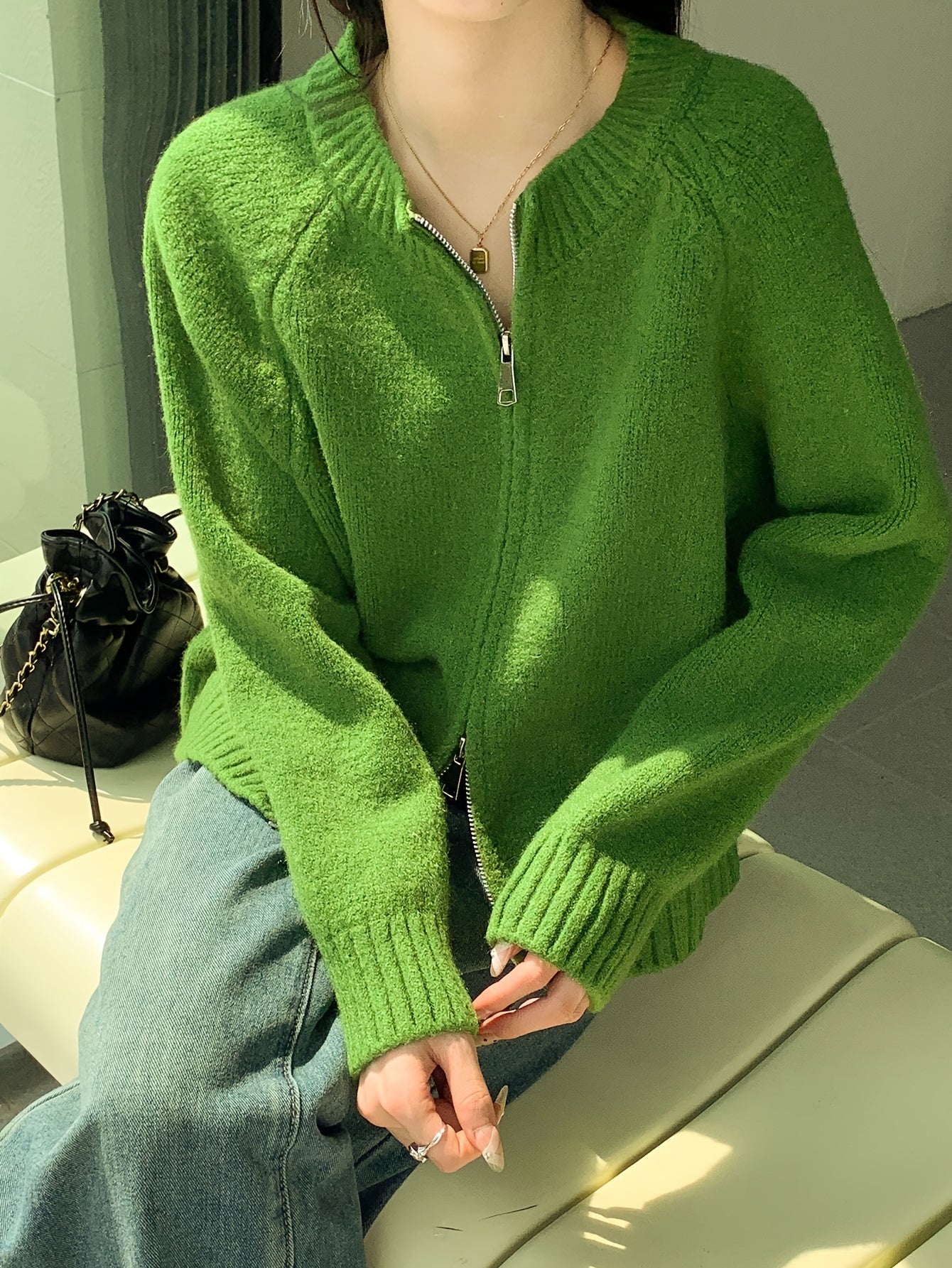 Sixsr Solid Crew Neck Zip Up Cardigan, Casual Raglan Sleeve Outwear, Women's Clothing