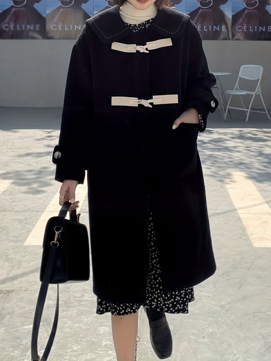 Sixsr Peter Pan Collar Patched Pockets Overcoat, Preppy Long Sleeve Button Front Overcoat, Women's Clothing
