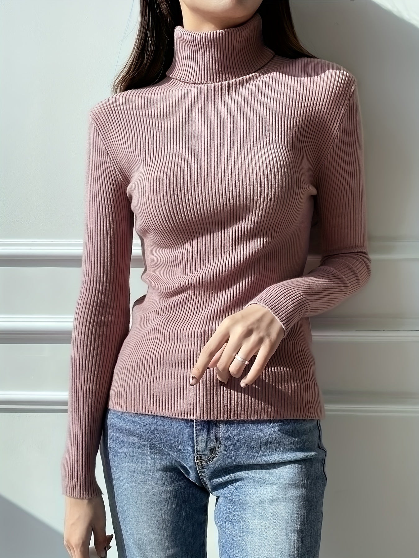Sixsr Women's Sweater Turtleneck Solid Ribbed Long Sleeve Slim Pullover Knit Tops