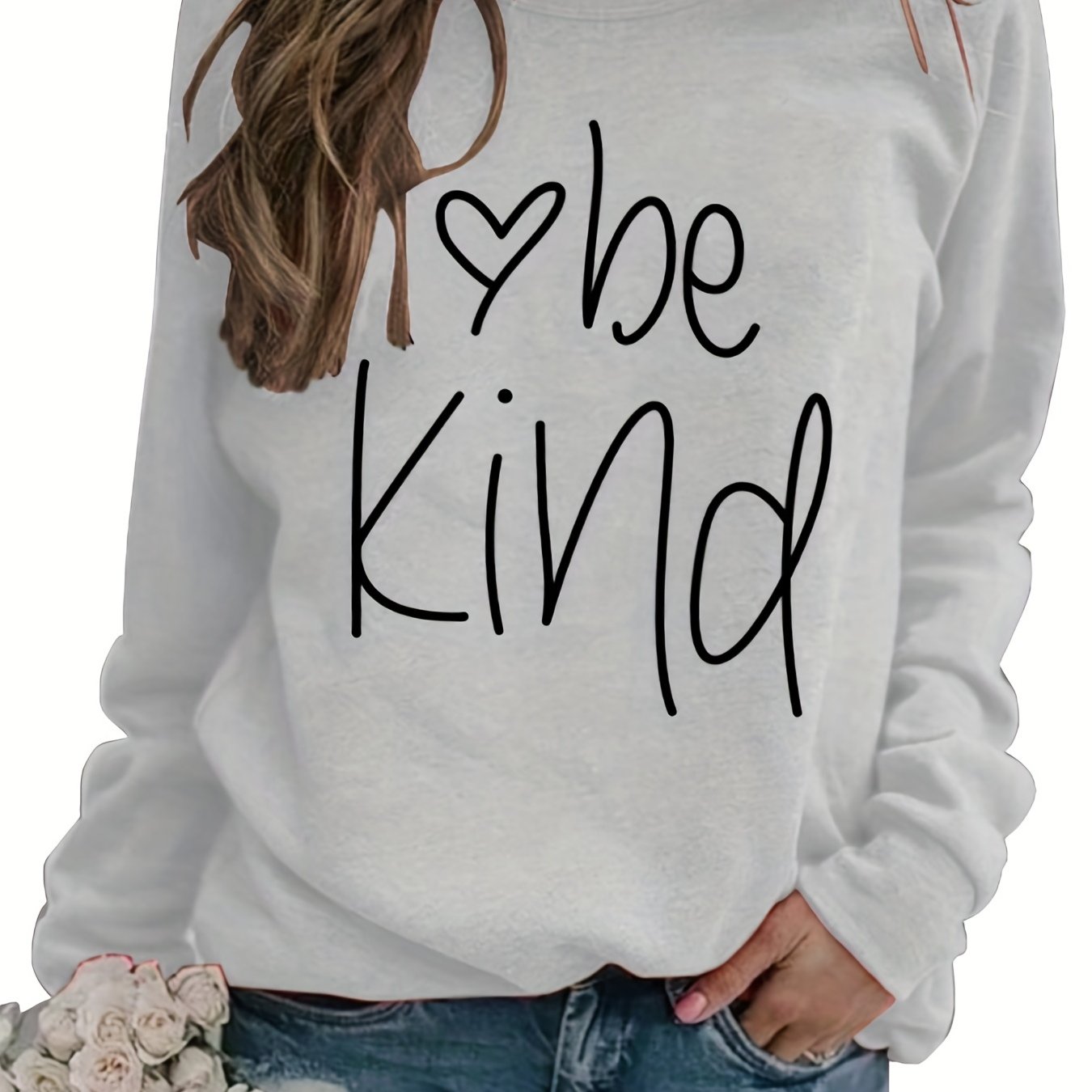 Sixsr Be Kind Letter Print Sweatshirt, Long Sleeve Crew Neck Pullover Sweatshirt, Casual Tops For Fall & Winter, Women's Clothing