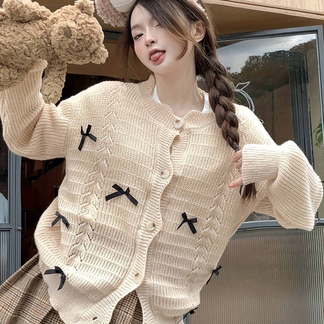 Sixsr Bow Tie Button Front Knitted Cardigan Sweater, Casual Long Sleeve Sweater For Fall & Winter, Women's Clothing