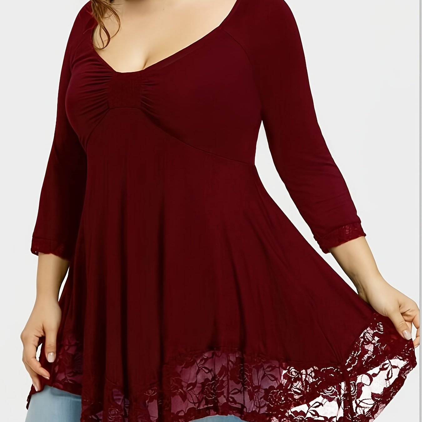 Sixsr Plus Size Floral Jacquard Contrast Lace Solid Tops, Women's Plus Round Neck Long Sleeve Elegant Top
