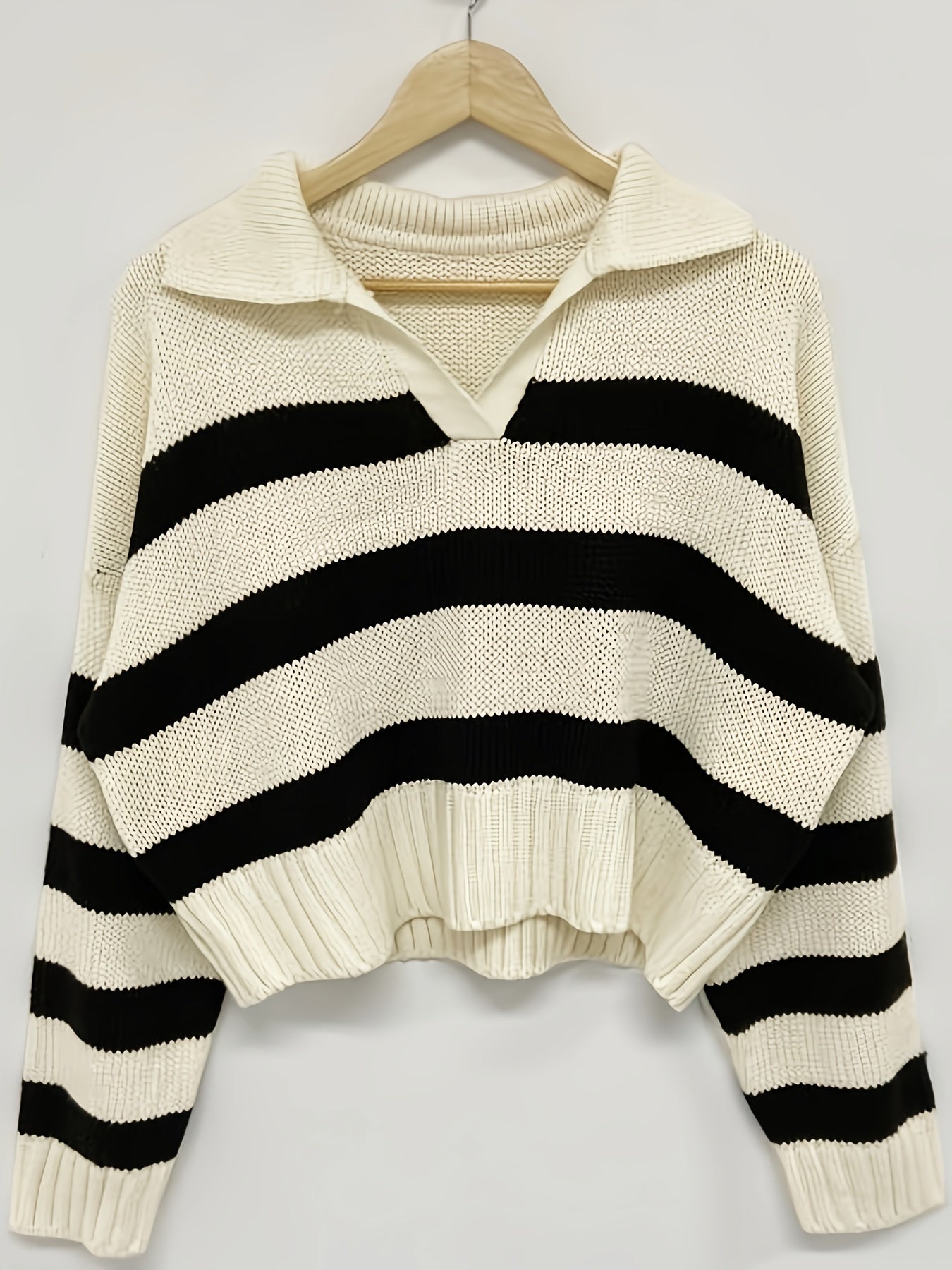 Sixsr Striped Turndown Collar Pullover Sweater, Casual Long Sleeve Loose Sweater, Women's Clothing