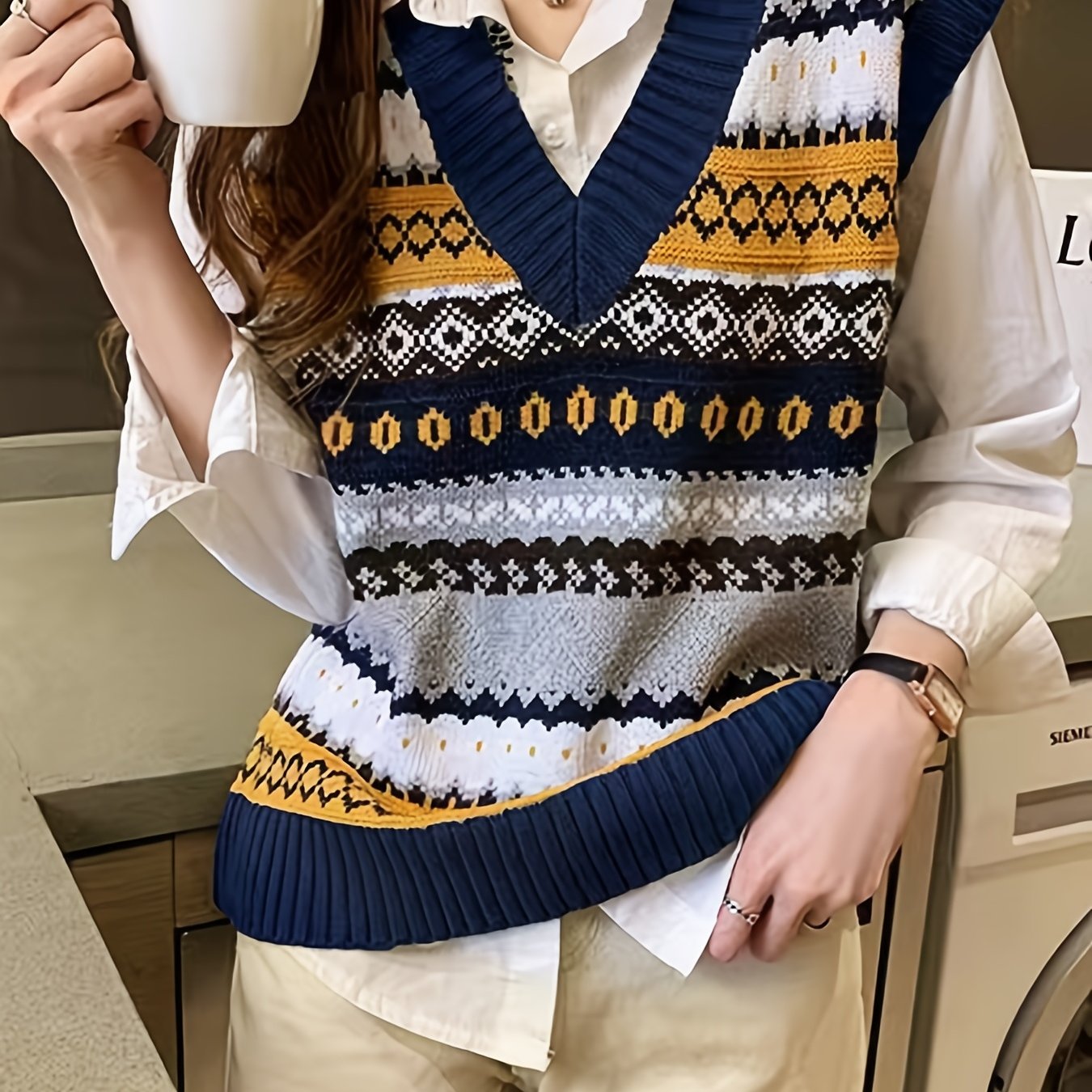 Sixsr Geo Pattern V-neck Sweater Vest, Vintage Sweater Vest For Fall & Winter, Women's Clothing