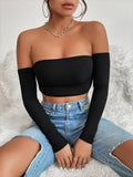 Sixsr Y2K Off Shoulder Solid Crop Top, Sexy Long Sleeve Bodycon Fit T-shirt, Women's Clothing
