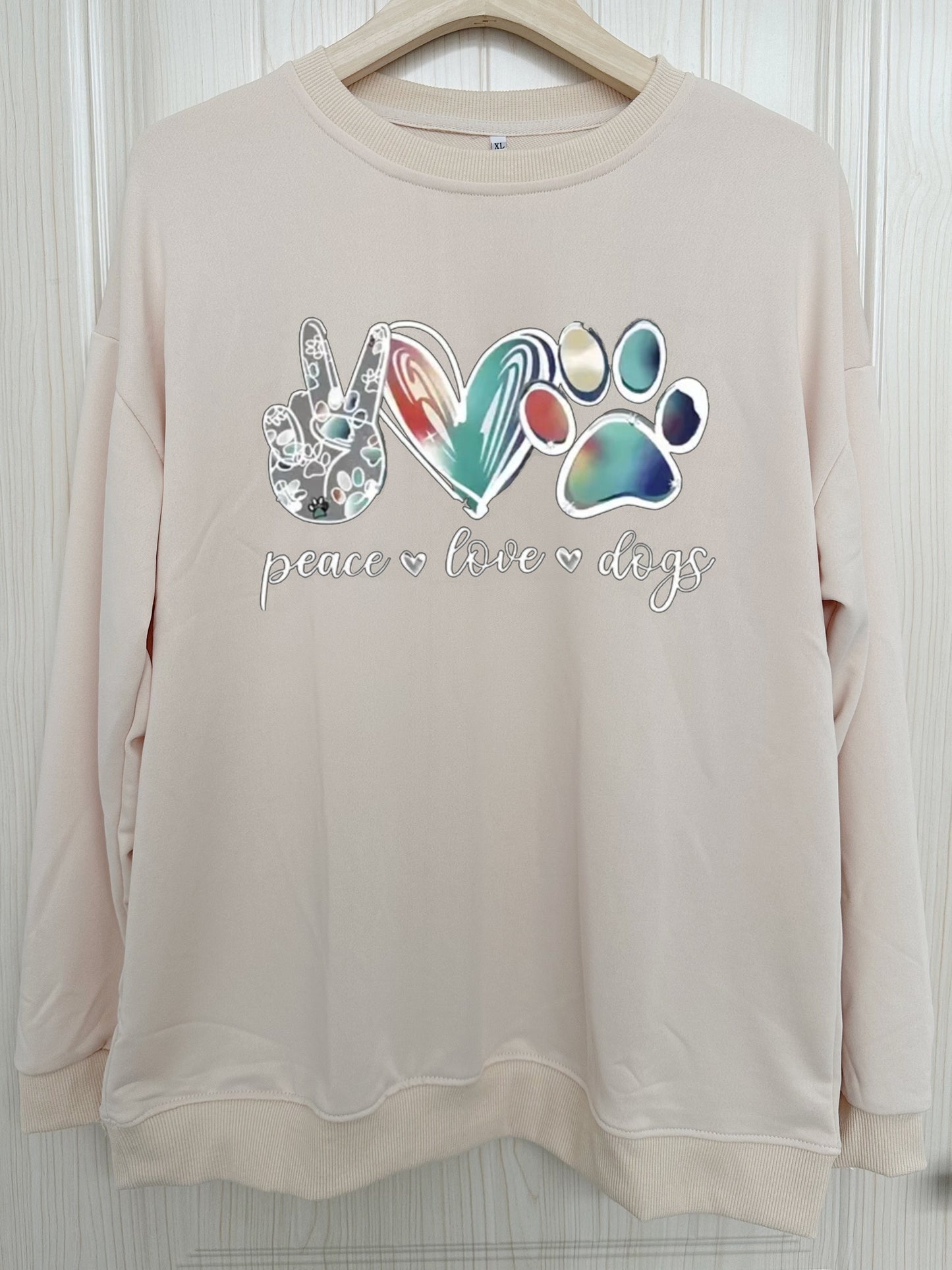 Sixsr Plus Size Casual Sweatshirt, Women's Plus Art Letter & Heart & Paw & Hand Print Long Sleeve Round Neck Slight Stretch Sweatshirt