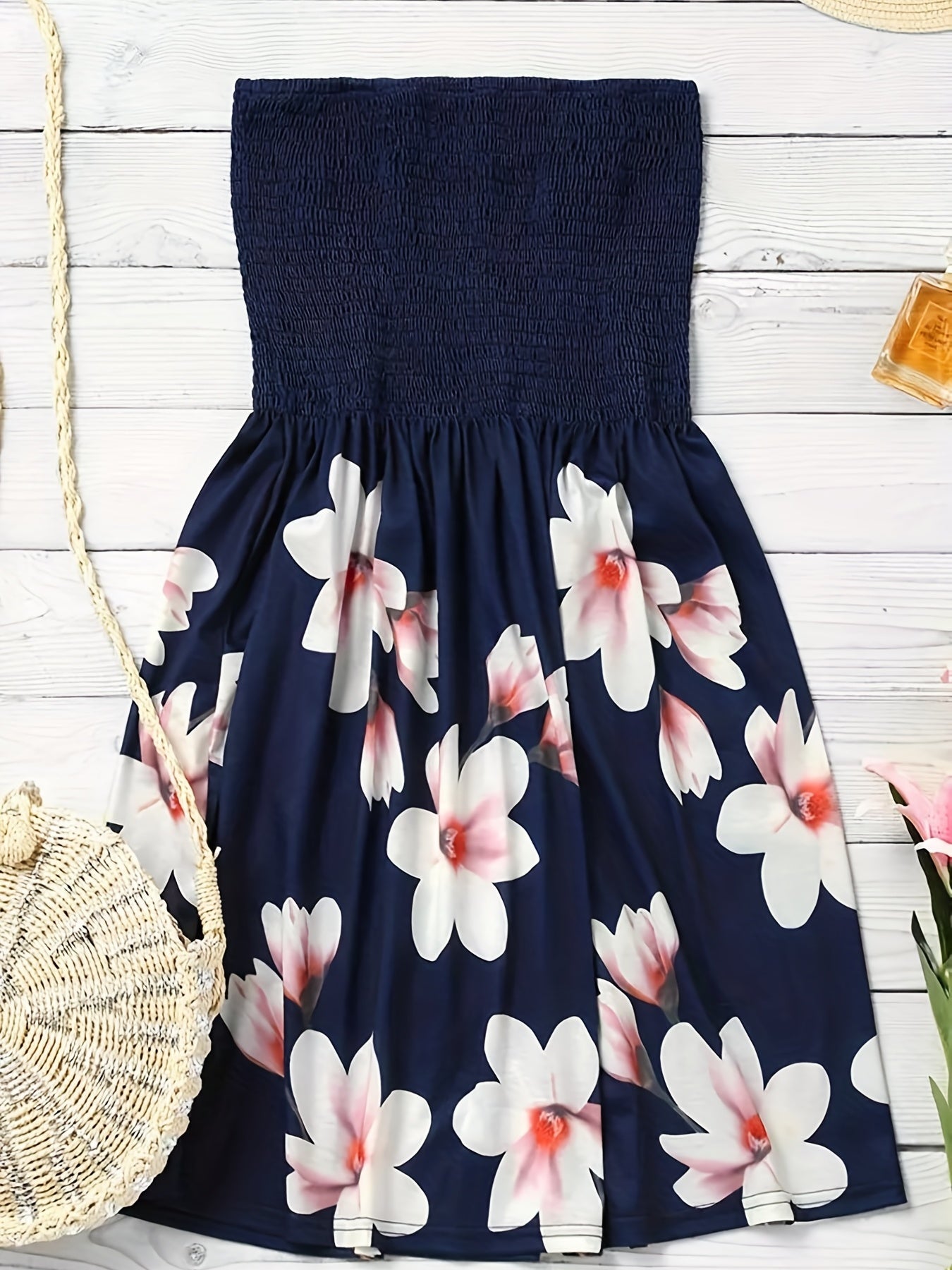 Sixsr Floral Print Shirred Tube Dress, Casual Backless Dress For Spring & Summer, Women's Clothing