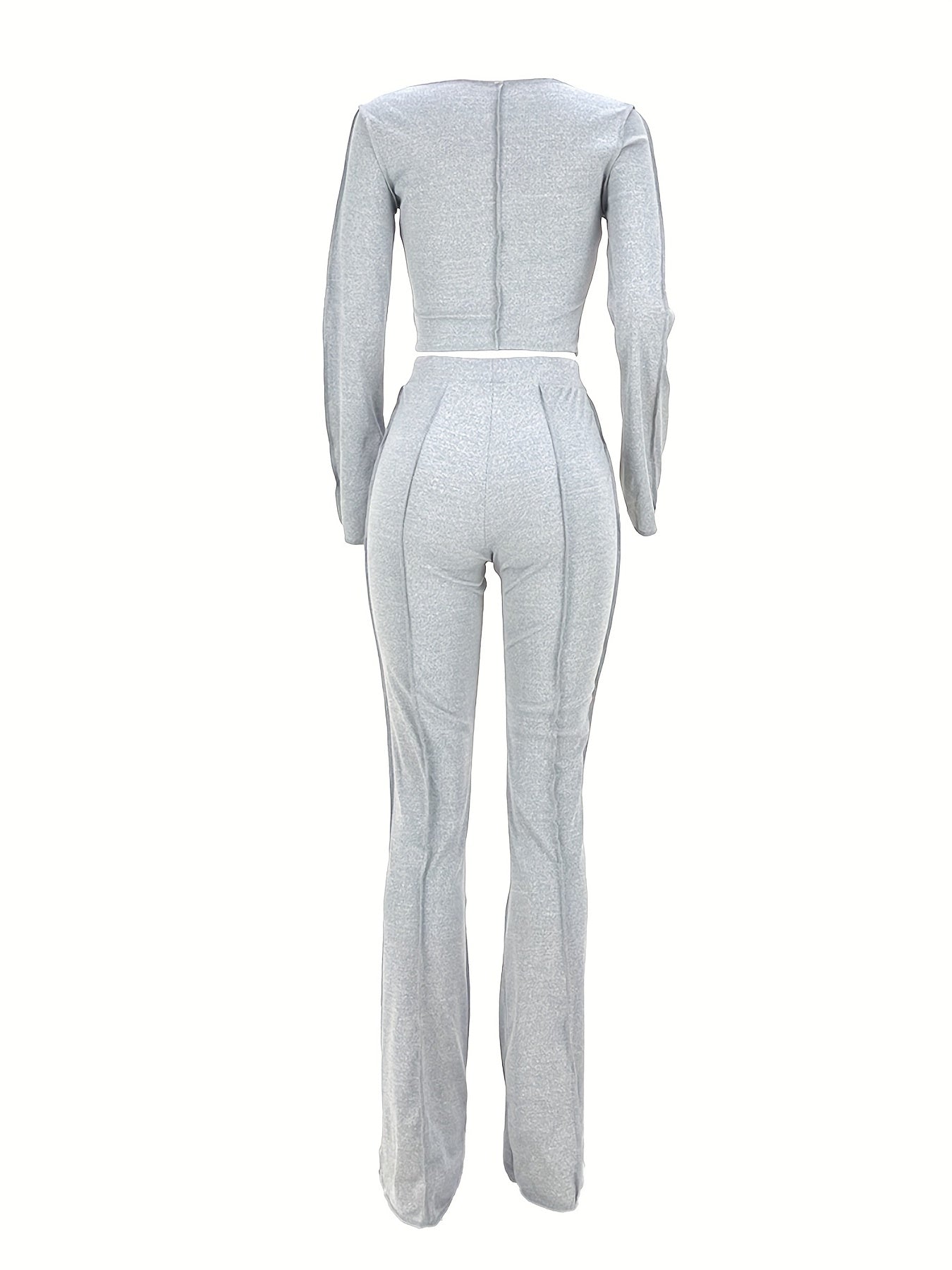 Sixsr Solid Rib Two-piece Set, Flared Sleeve Crew Neck Tops & High Waist Long Length Pants Outfits, Women's Clothing