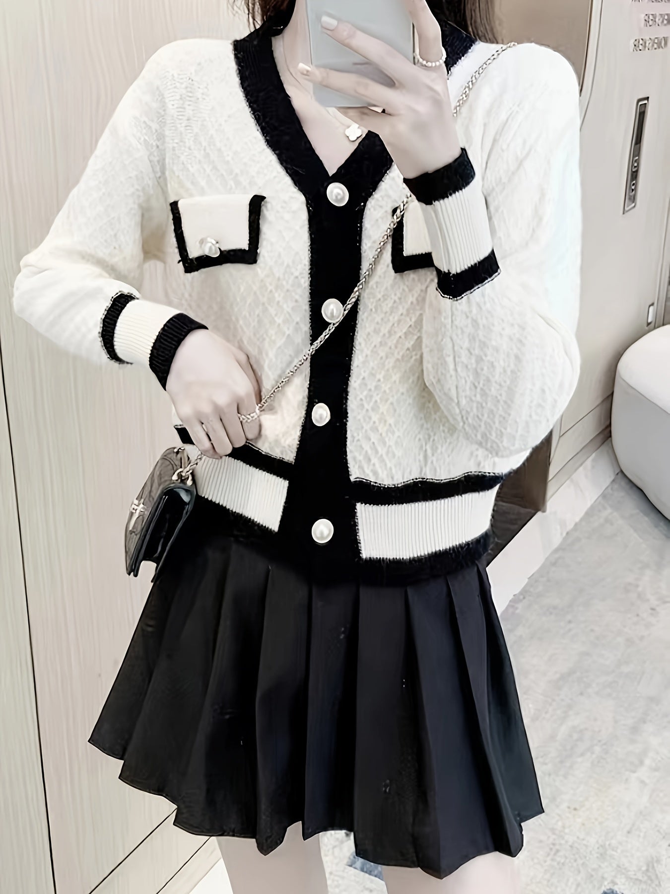 Sixsr Contrast Trim Single Breasted Cardigan, Elegant Long Sleeve Cardigan For Spring & Fall, Women's Clothing