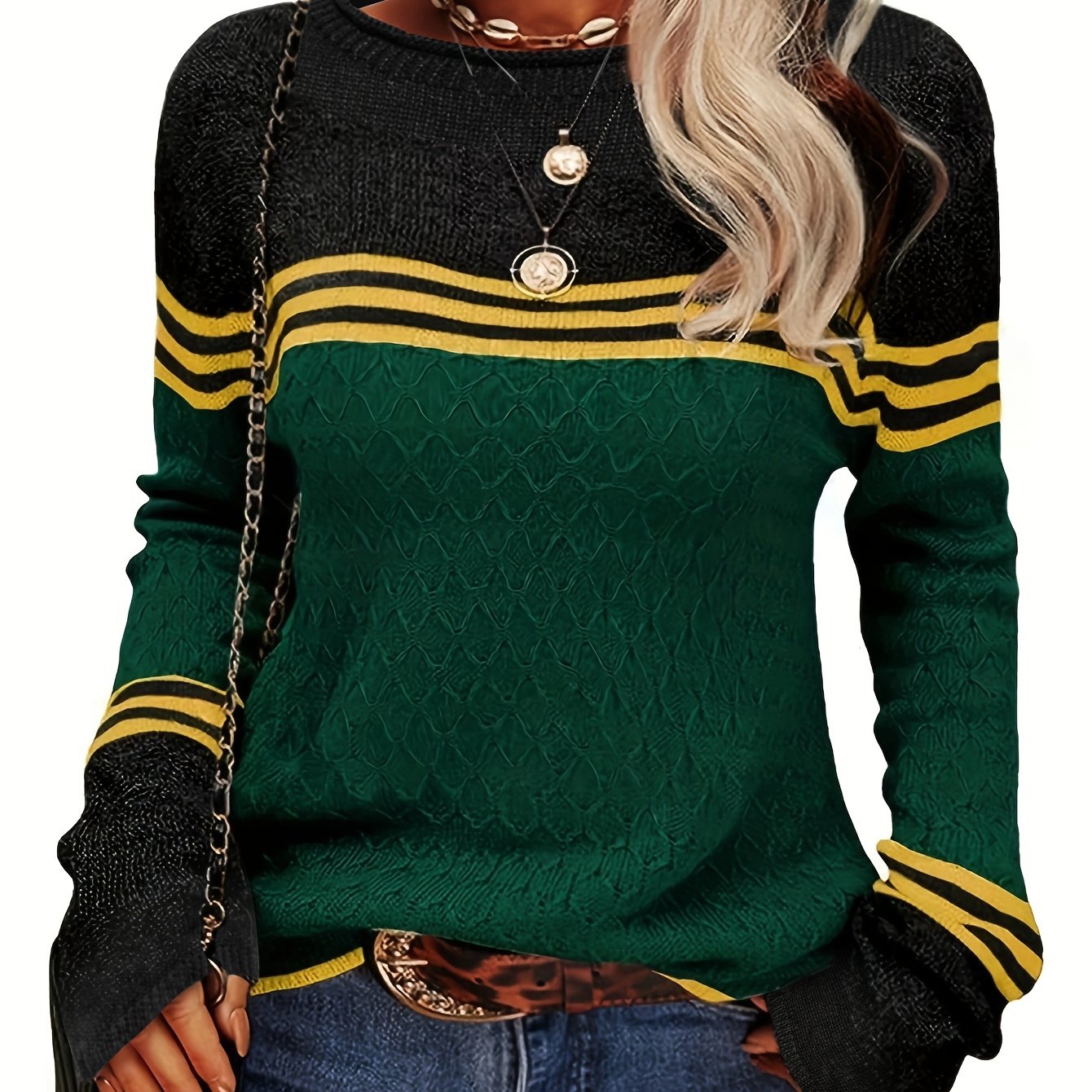 Sixsr Color Block Boat Neck Knitted Top, Casual Long Sleeve Pullover Sweater For Fall & Winter, Women's Clothing