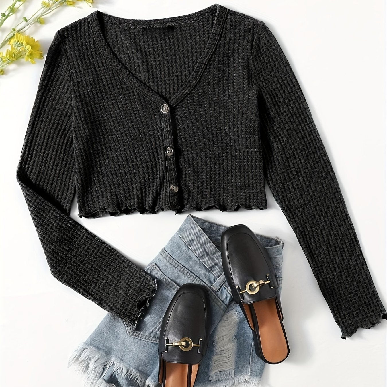 Sixsr Solid Lettuce Trim Knit Cardigan, Casual Button Front Long Sleeve Sweater, Women's Clothing