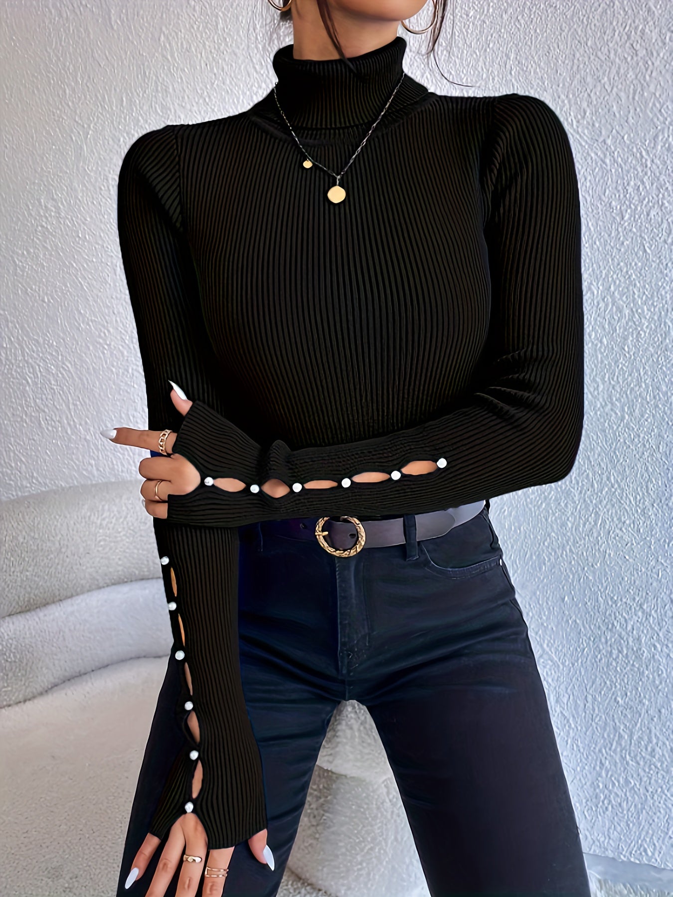 Sixsr Beaded Cut Out Turtle Neck Pullover Sweater, Elegant Long Sleeve Slim Rib Knit Sweater, Women's Clothing