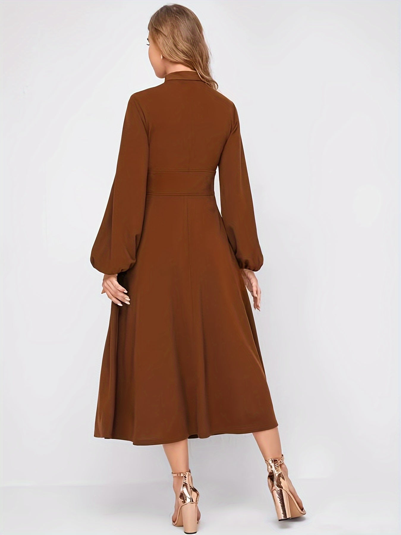 Sixsr Solid Tie Neck Midi Dress, Elegant Lantern Long Sleeve Dress, Women's Clothing
