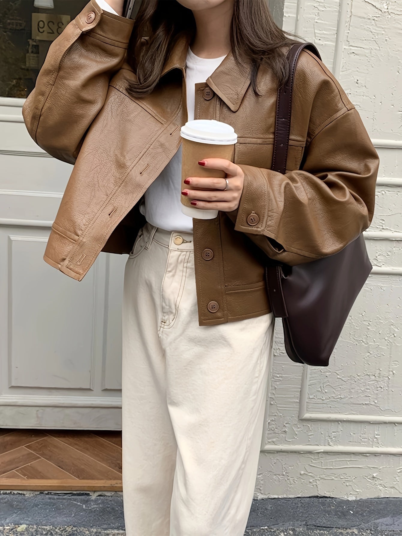 Sixsr Solid Faux Leather Vintage Jacket, Long Sleeve Single Breasted Outwear For Fall & Winter, Women's Clothing