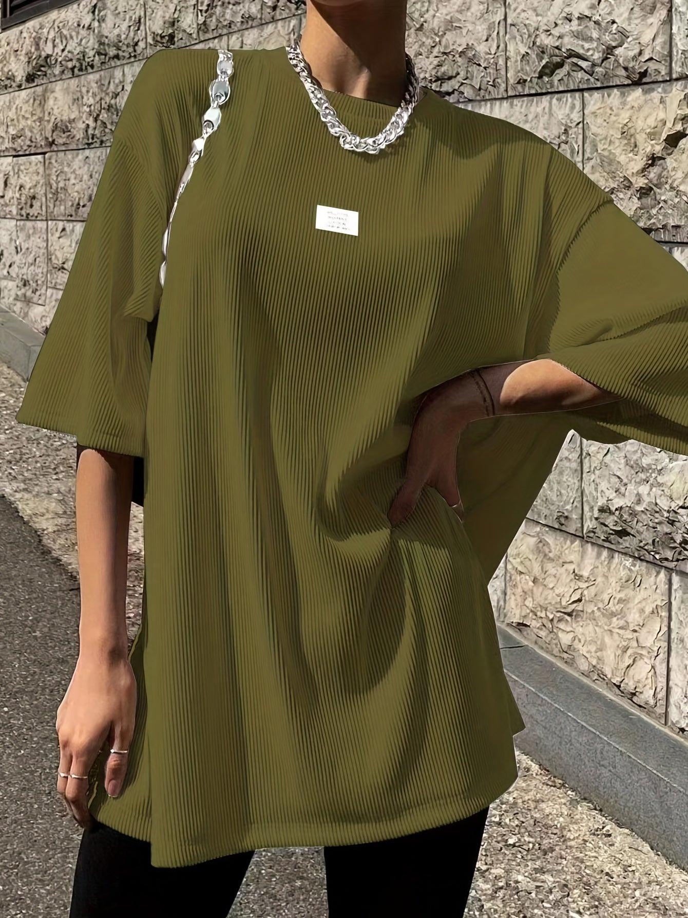 Sixsr Oversized Drop Shoulder Ribbed T-Shirt, Casual Crew Neck Short Sleeve T-Shirt For Spring & Summer, Women's Clothing