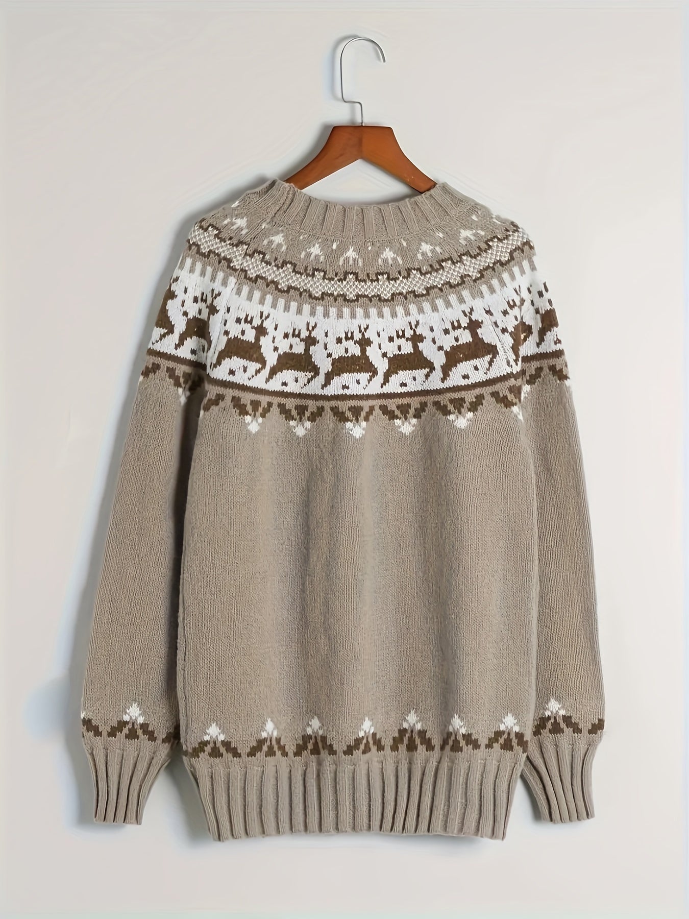 1pc Women's Casual Christmas Reindeer Pattern Pullover Sweater, Long Sleeve Round Neck Knitwear, Autumn/Winter Season, Color Block Detail, Acrylic Material
