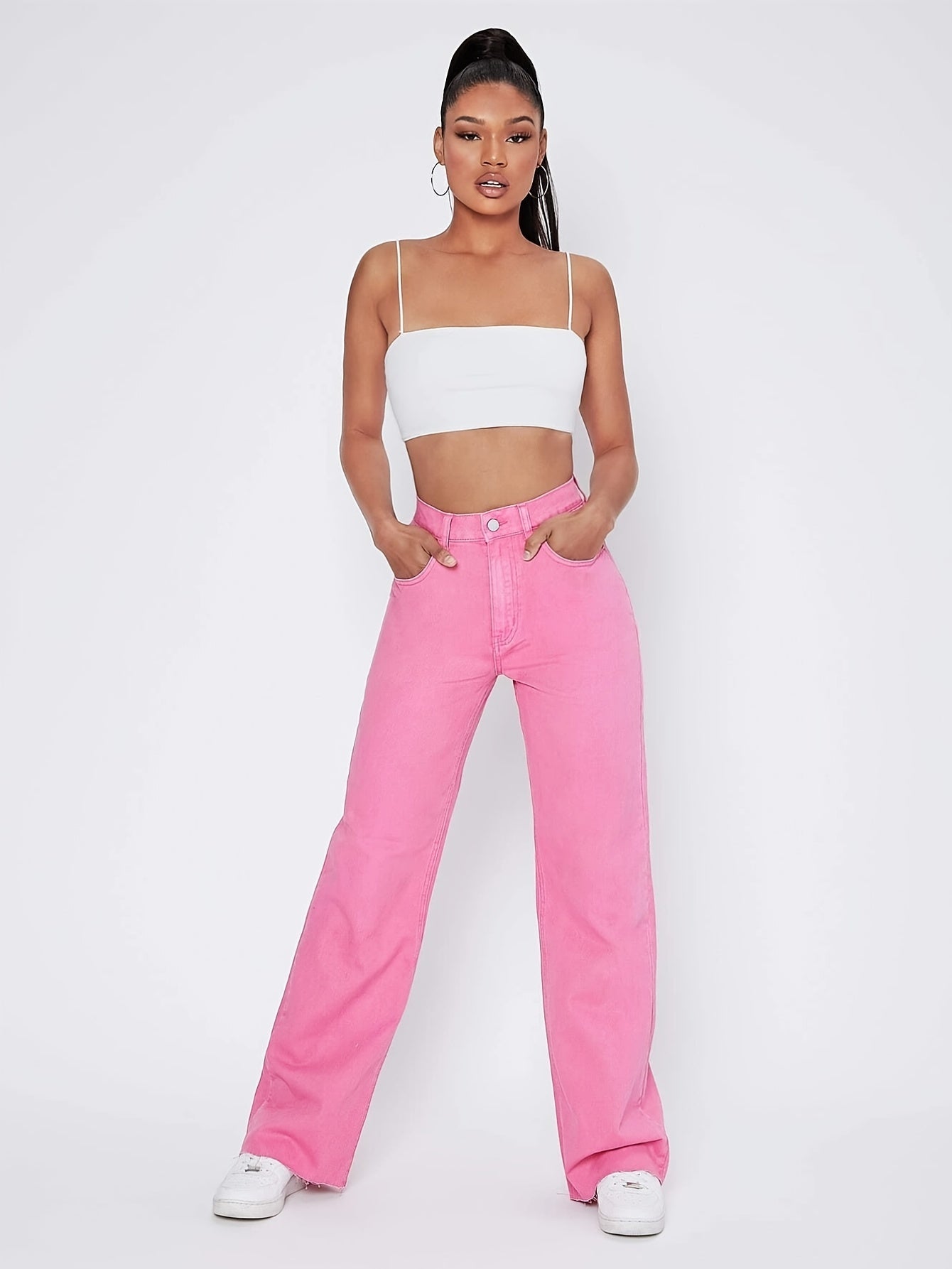 Sixsr Pink Raw Cut Straight Jeans, Loose Fit High Rise Slant Pockets Denim Pants, Women's Denim Jeans & Clothing