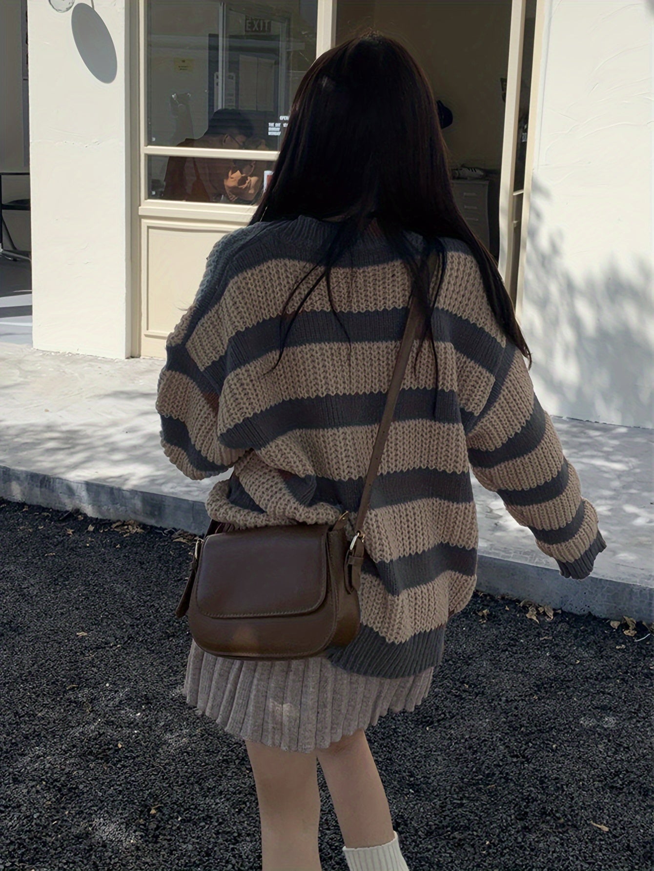 Sixsr Striped V Neck Pullover Sweater, Casual Long Sleeve Drop Shoulder Sweater, Women's Clothing