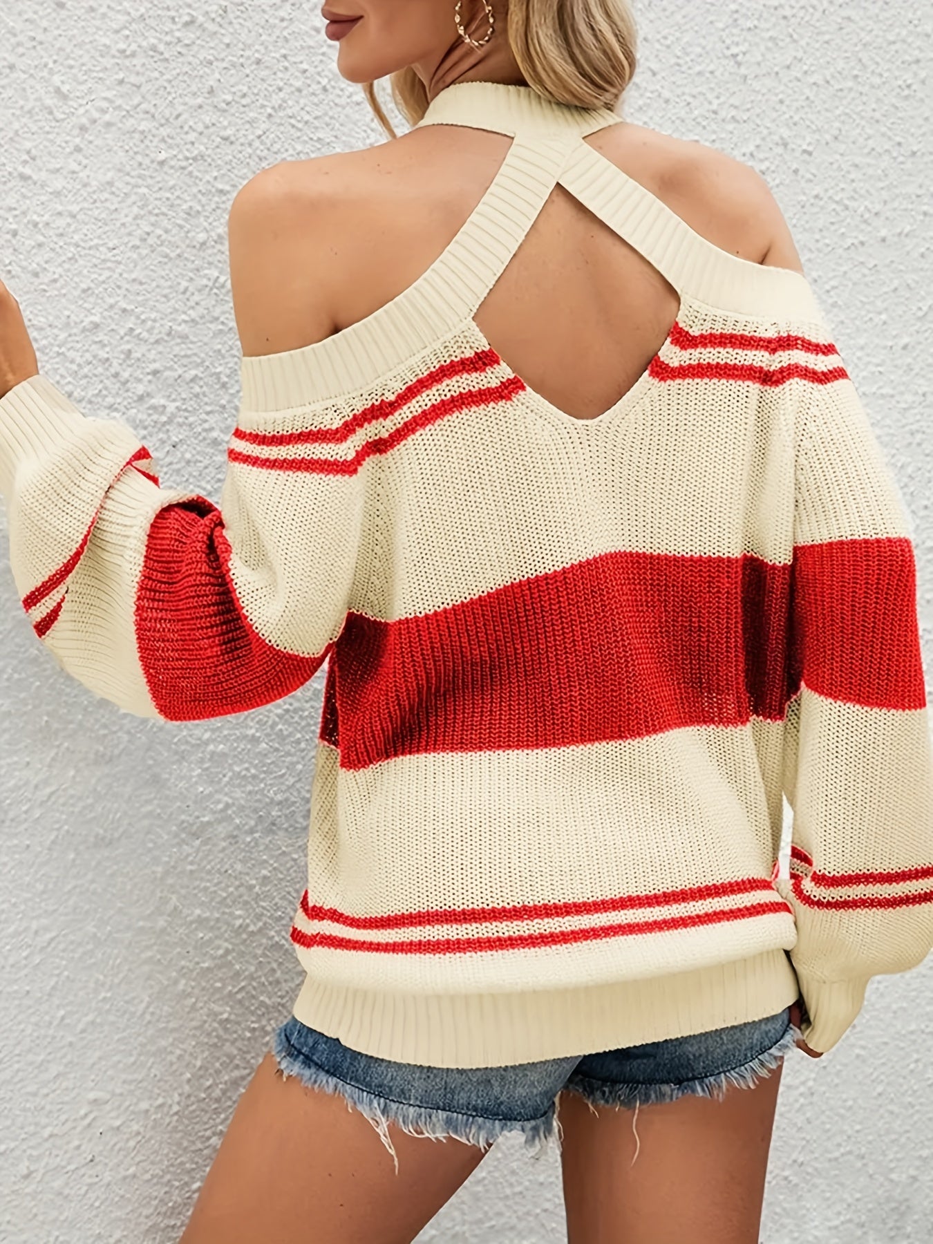 Sixsr Plus Size Casual Sweater, Women's Plus Colorblock Stripe Print Cold Shoulder Long Sleeve Round Neck Jumper
