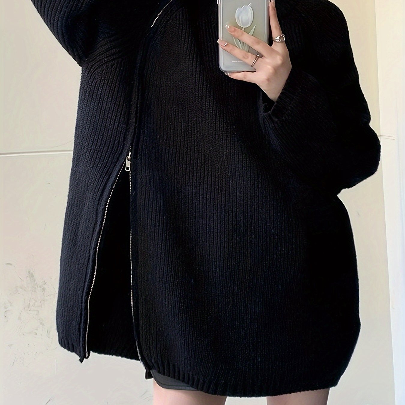 Sixsr Solid Zip Up Oversized Pullover Sweater, Casual Turtle Neck Long Sleeve Sweater, Women's Clothing