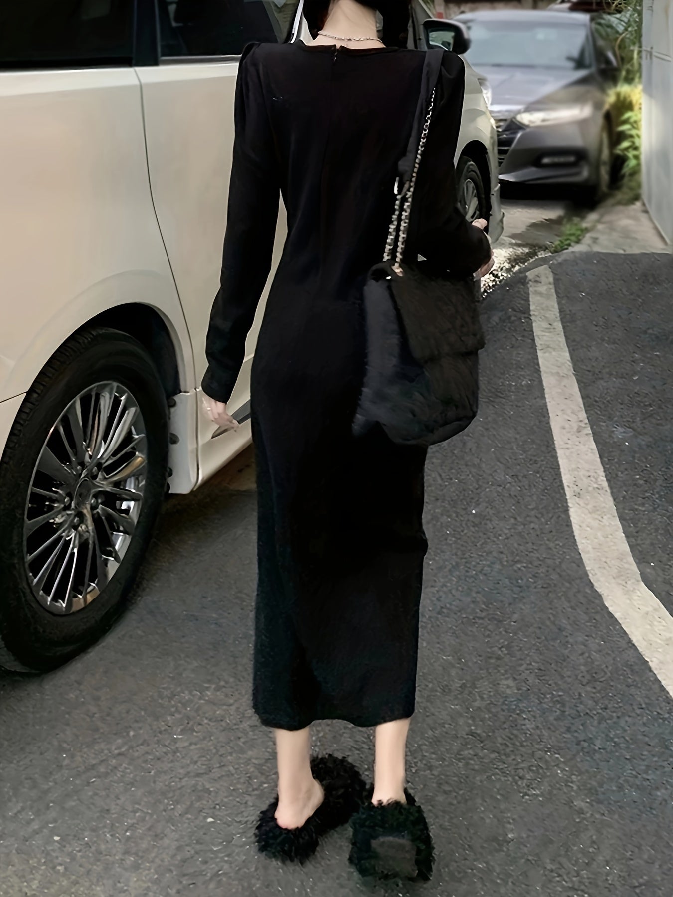 Sixsr Cut Out Knot Front Split Hem Dress, Elegant Long Sleeve Slim Solid Dress For Spring & Fall, Women's Clothing