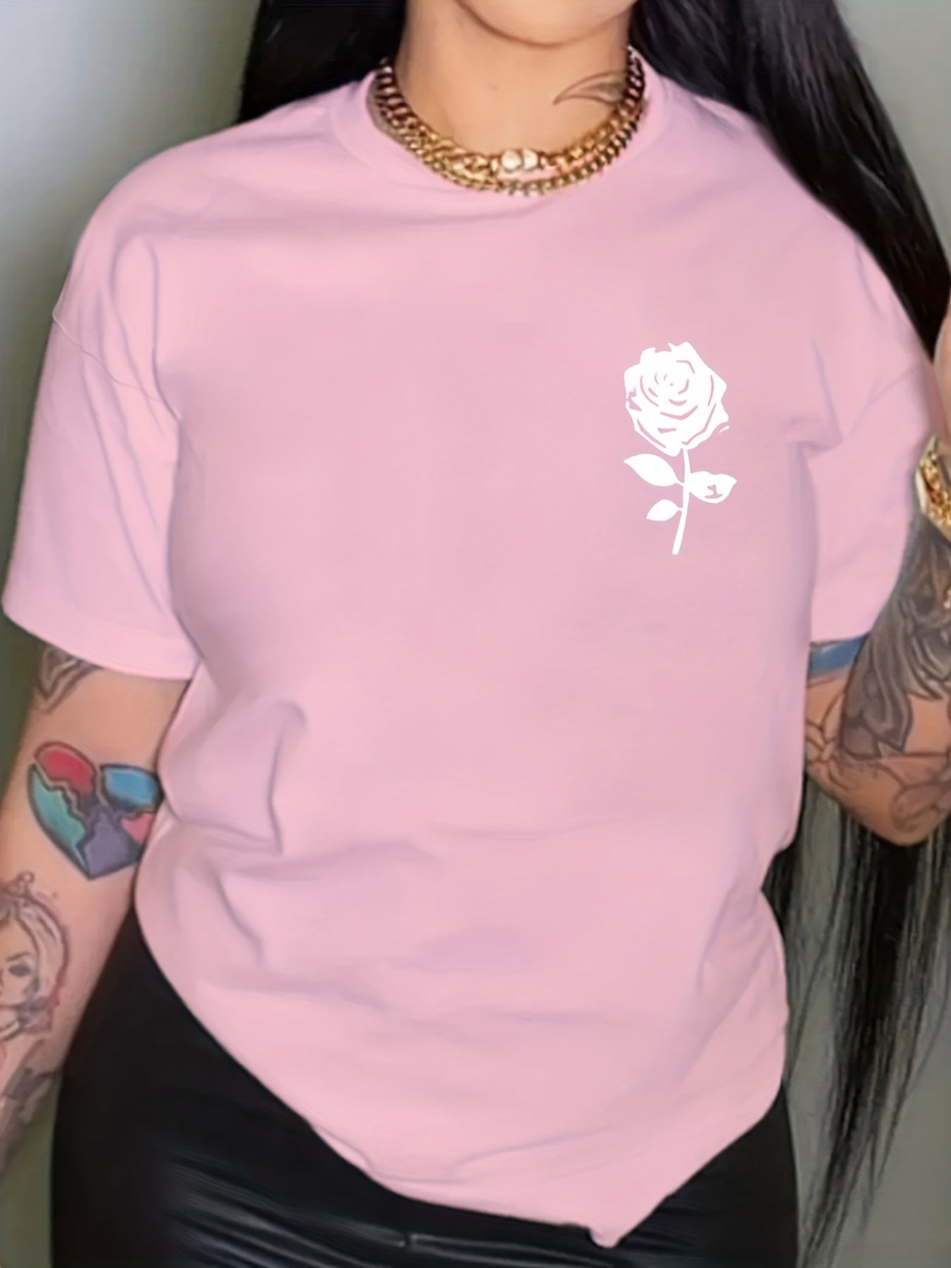 Sixsr Simple Floral Print Crew Neck T-shirt, Casual Loose Short Sleeve Summer T-Shirts Tops, Women's Clothing