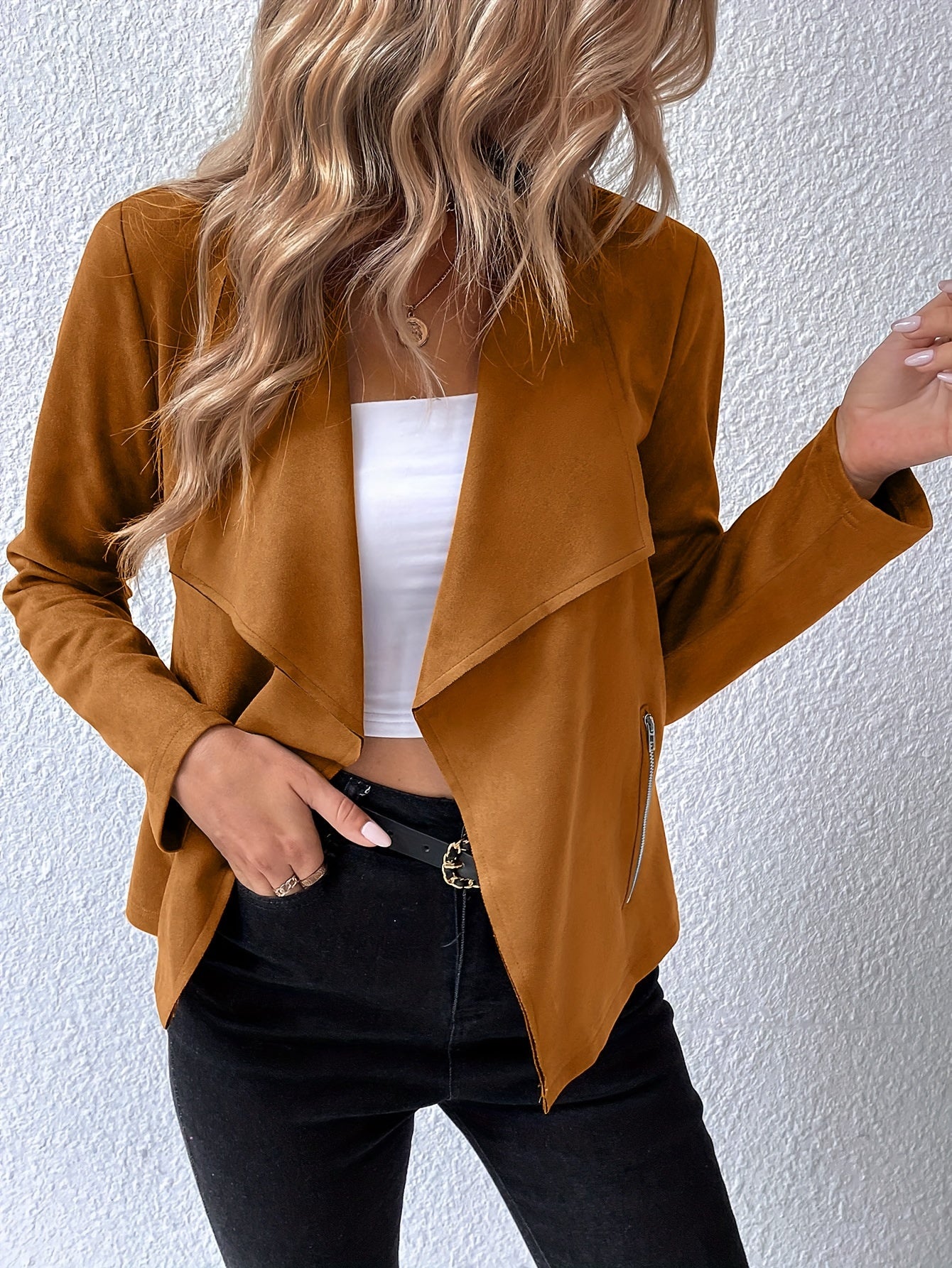 Sixsr Solid Open Front Lapel Jacket, Elegant Long Sleeve Jacket For Spring & Fall, Women's Clothing