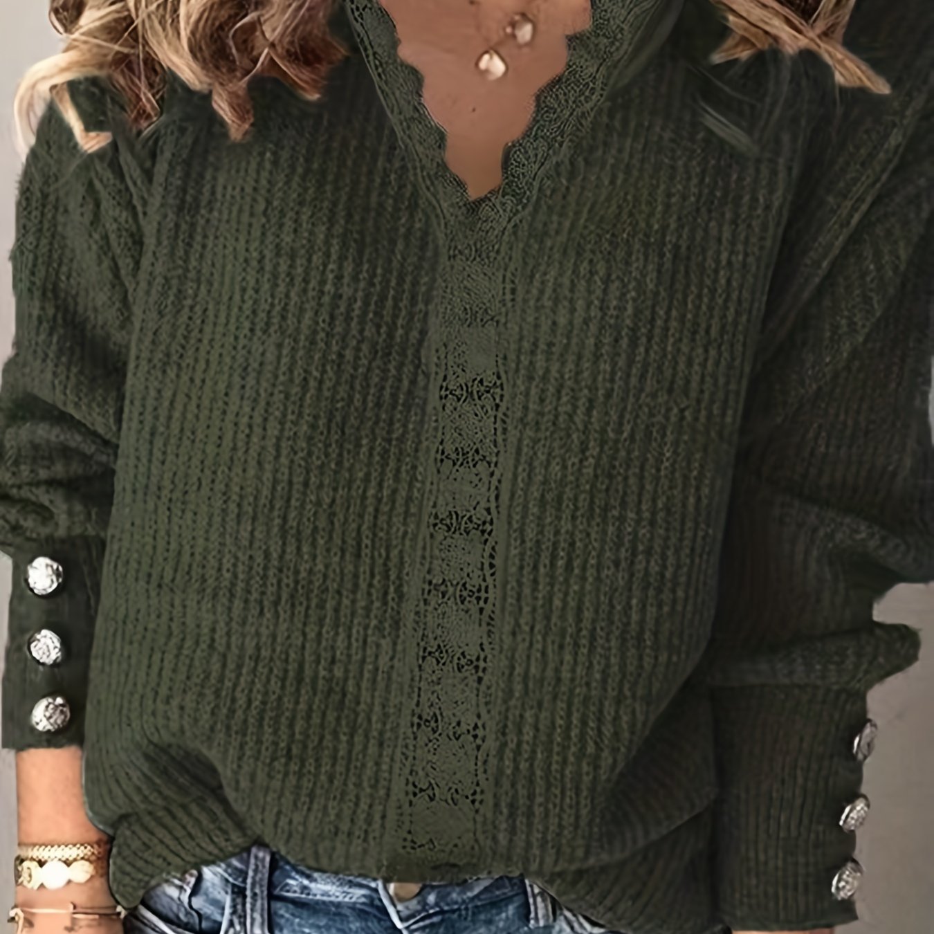Sixsr Plus Size Casual Sweater, Women's Plus Crochet Contrast Panel V Neck Slight Stretch Sweater