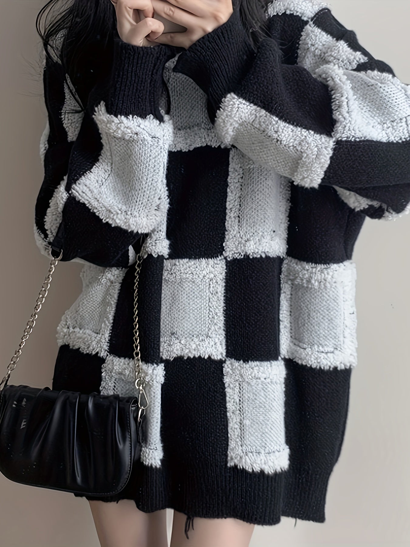 Sixsr Plaid Crew Neck Pullover Sweater, Casual Long Sleeve Oversized Thick Sweater, Women's Clothing