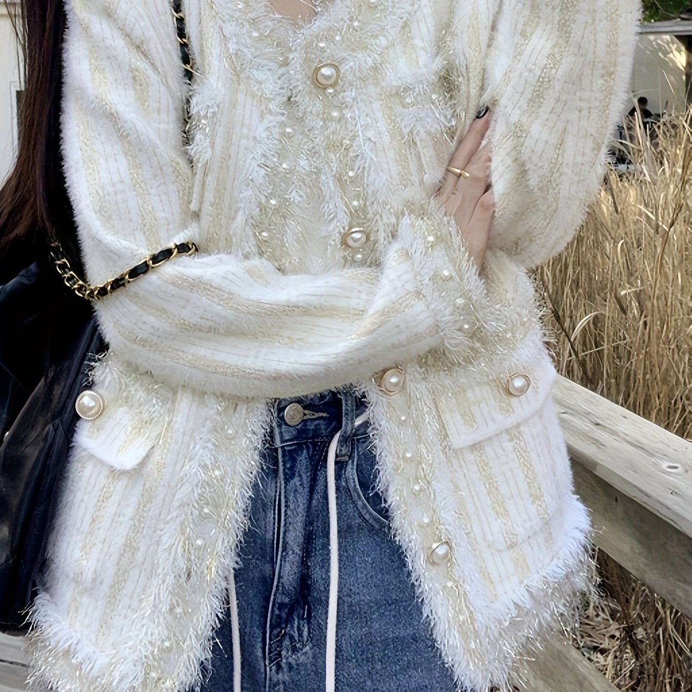 Sixsr Solid Beaded Button Outwear, Elegant Long Sleeve Knit Outwear For Fall & Winter, Women's Clothing
