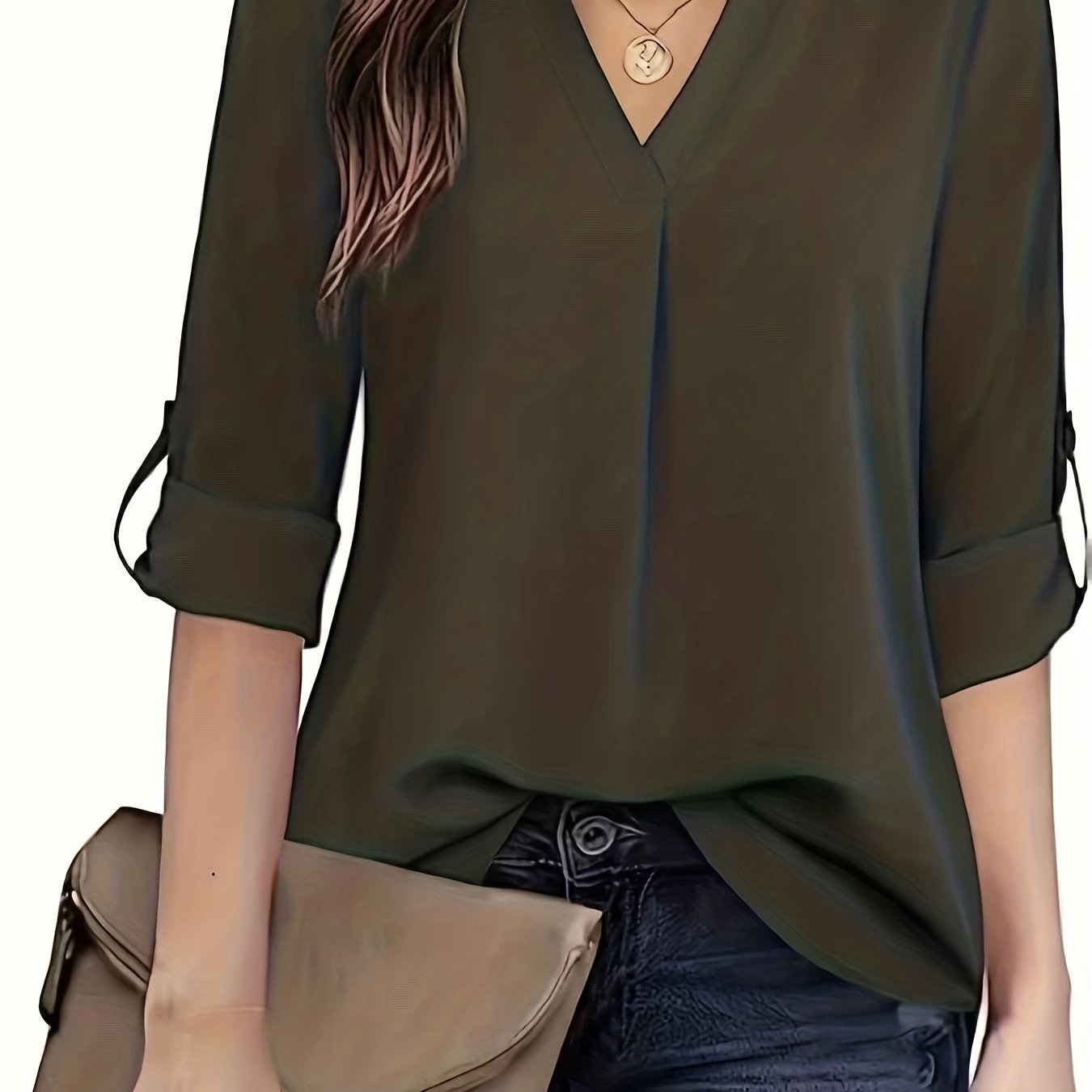 Sixsr Solid Simple Blouse, Casual V Neck Long Sleeve Blouse, Women's Clothing