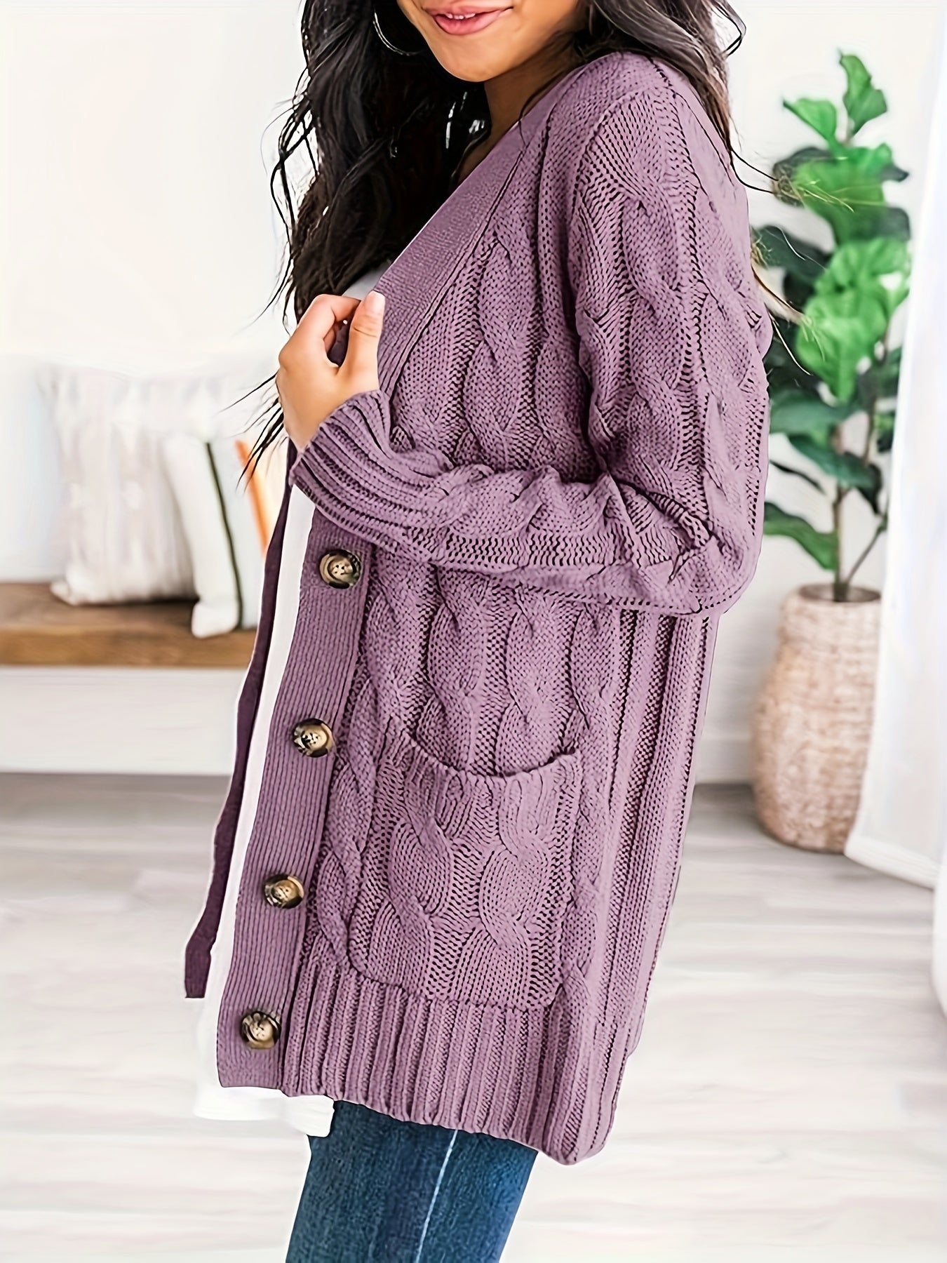 Sixsr Cable Knit Button Front Cardigan, Casual Solid Long Sleeve Cardigan For Fall & Winter, Women's Clothing
