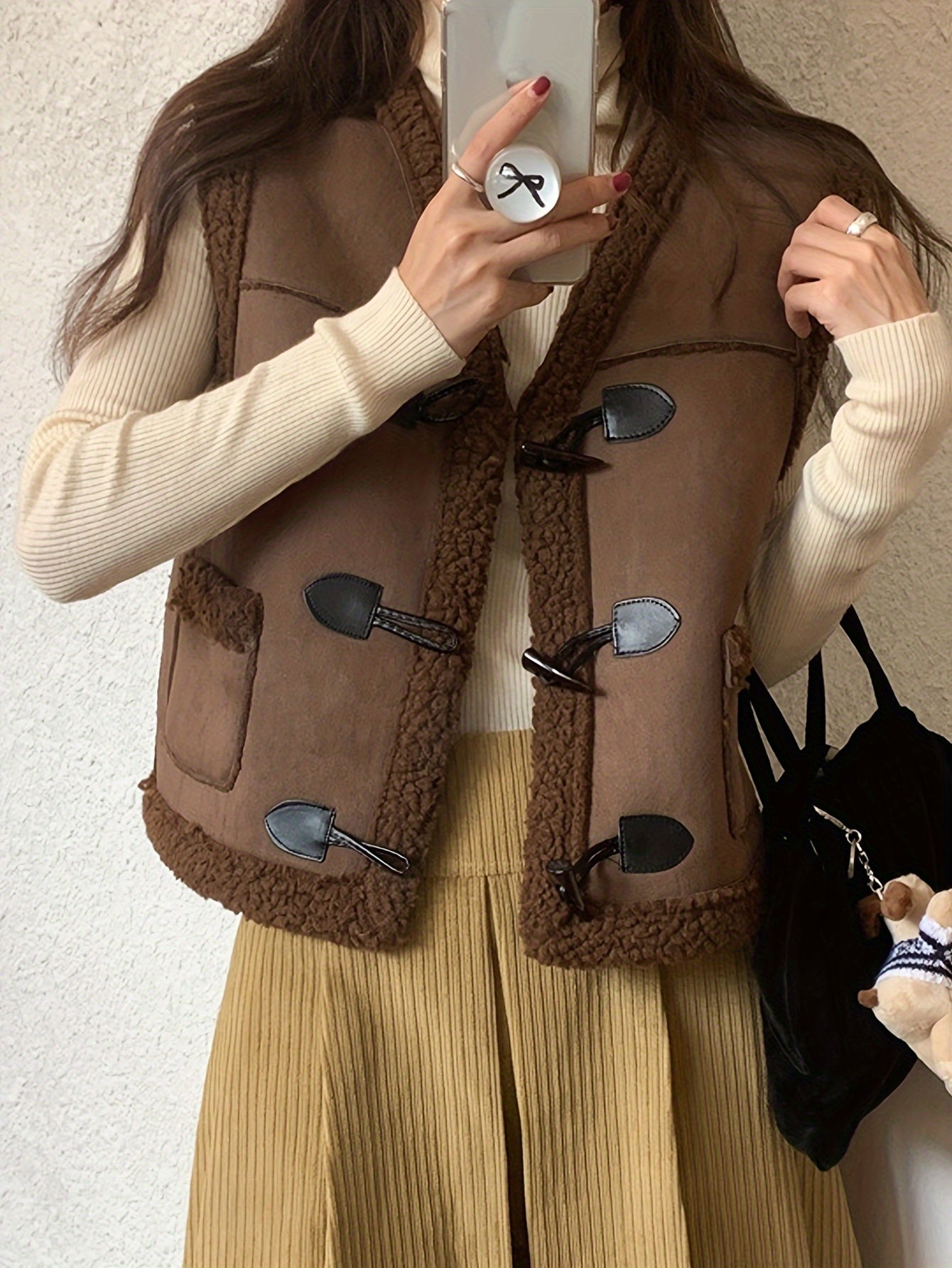 Sixsr Faux Fur Trim Duffle Vest, Casual Thermal Sleeveless Pocket Vest For Fall & Winter, Women's Clothing