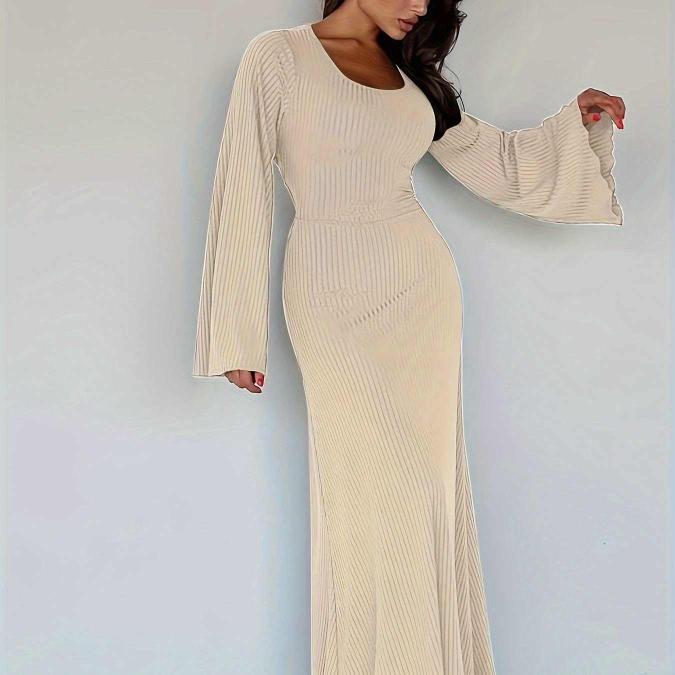 Sixsr Solid Flared Long Sleeve Dress, Casual Squared Neck Maxi Dress, Women's Clothing