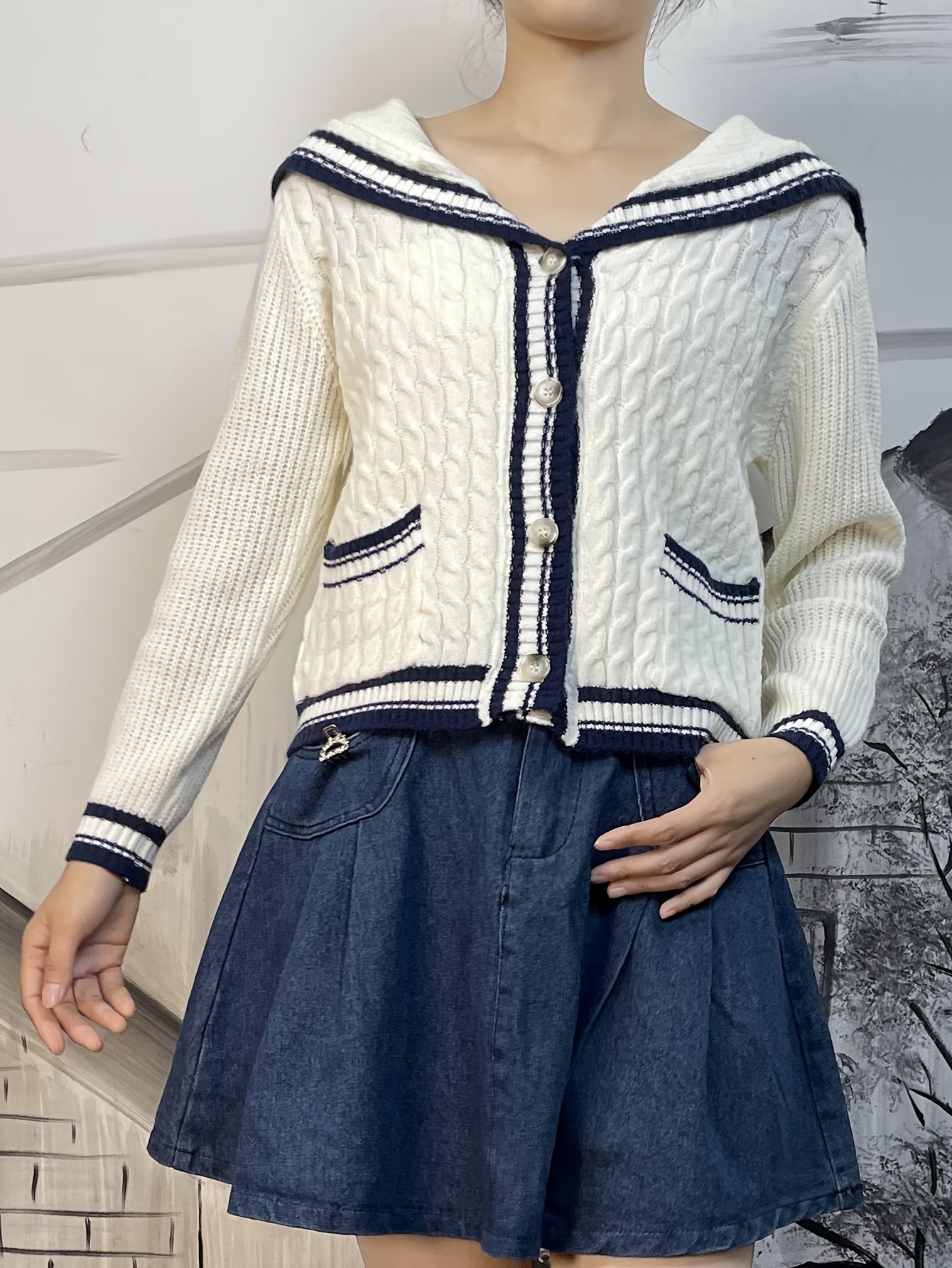 Sixsr Contrast Trim Button Down Knit Cardigan, Cute Sailor Collar Long Sleeve Sweater, Women's Clothing