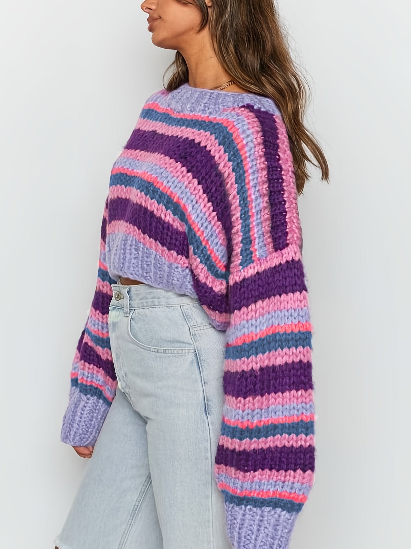 Sixsr Y2K Striped Crew Neck Crop Sweater, Long Sleeve Drop Shoulder Sweater, Women's Clothing