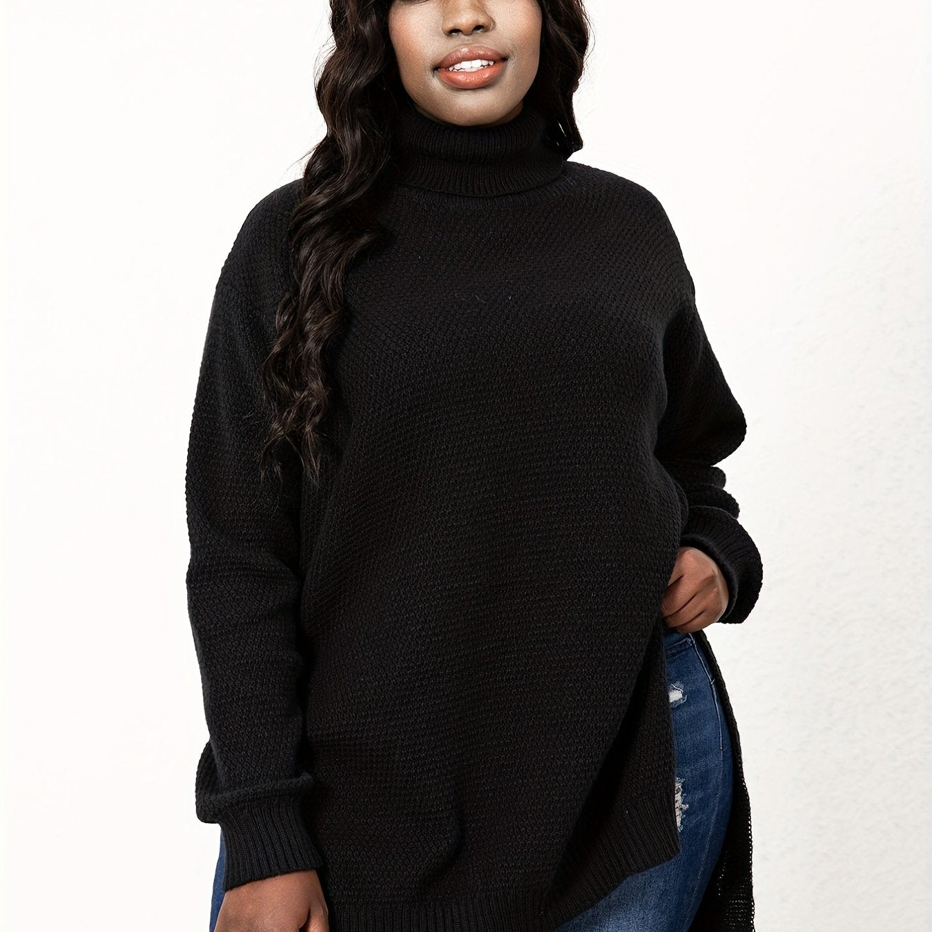 Sixsr Plus Size Turtle Neck Knit Side Slit Sweater, Women's Plus Solid High Stretch Elegant Sweater